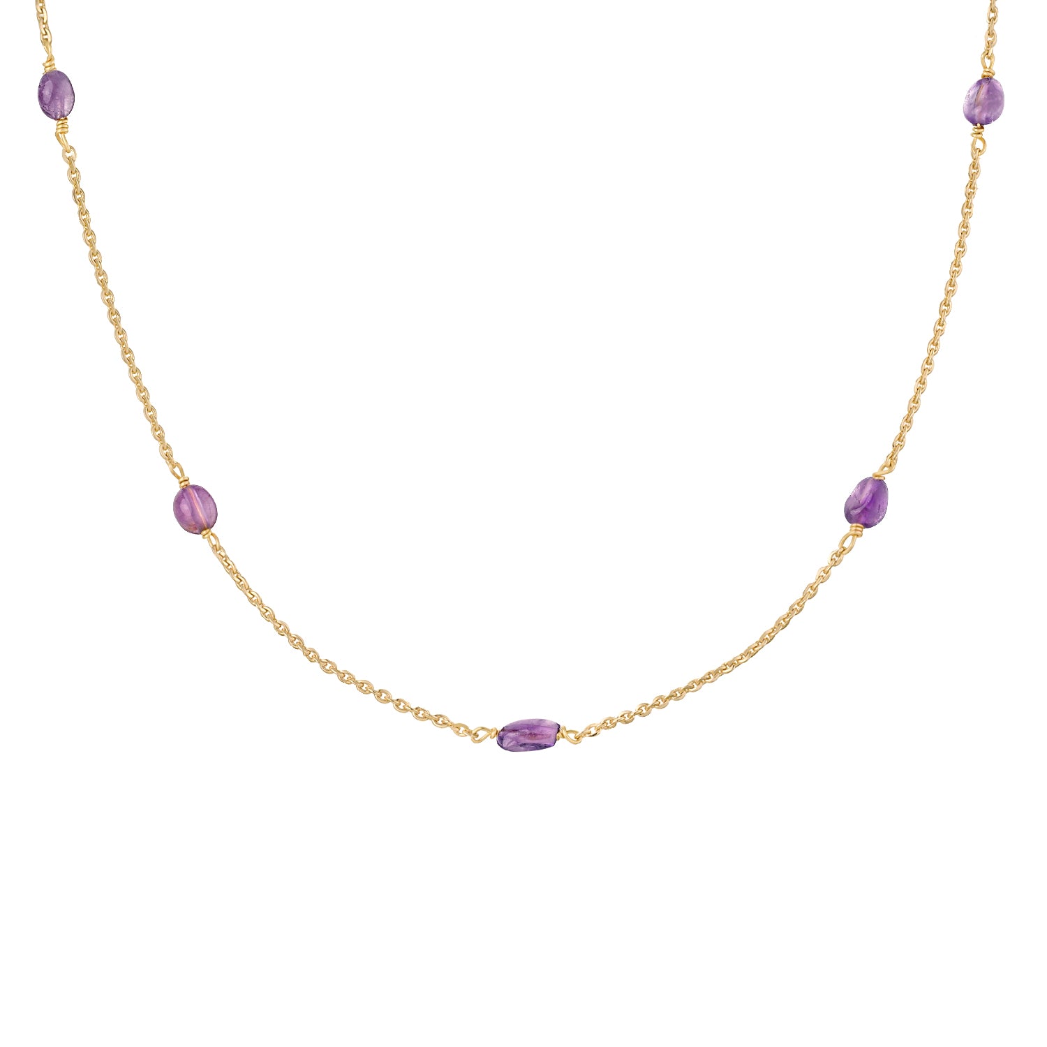 Myears® amethyst choker necklace on a white background, 14k gold-plated chain, close-up product shot