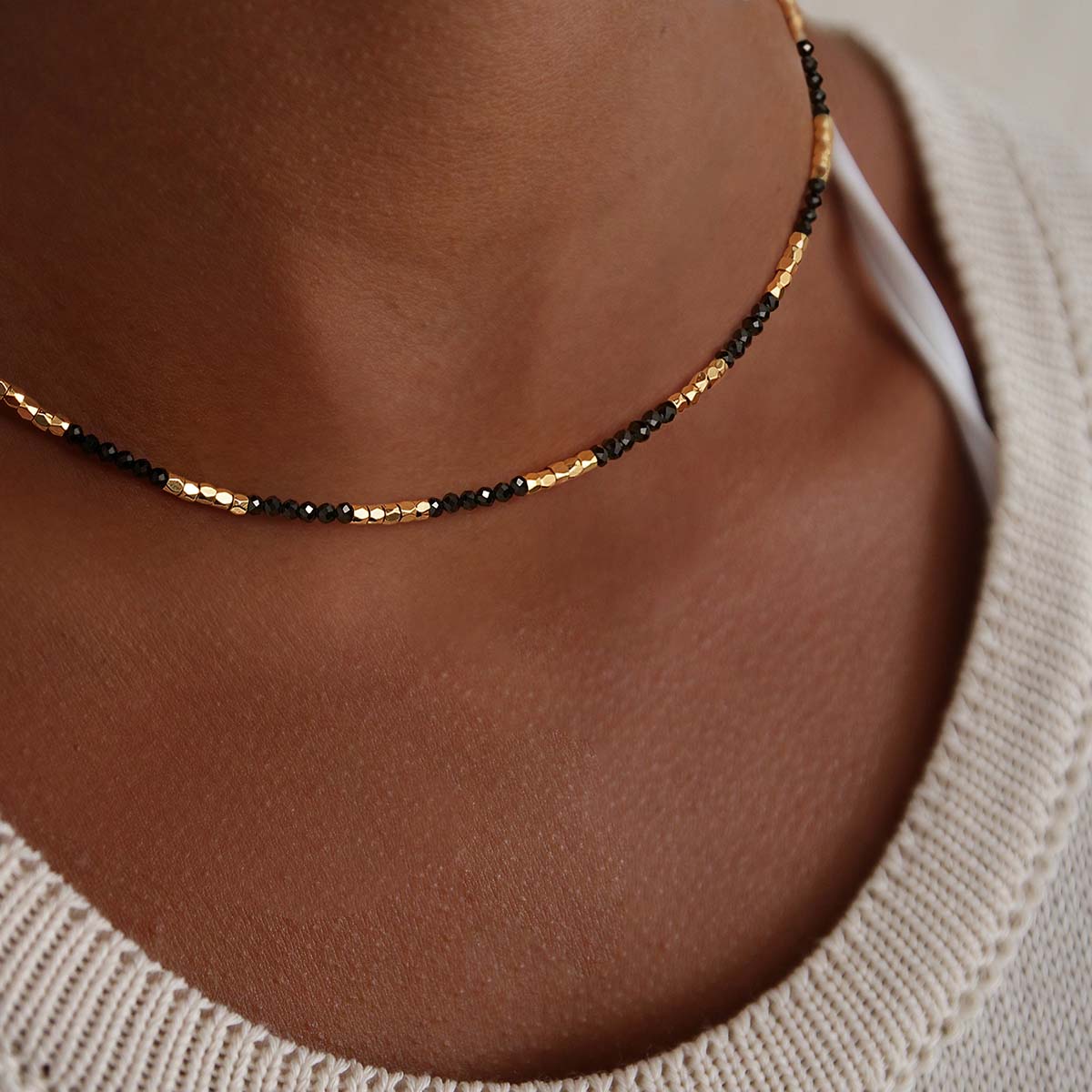 Gold Beaded Choker Natural Stone Necklace