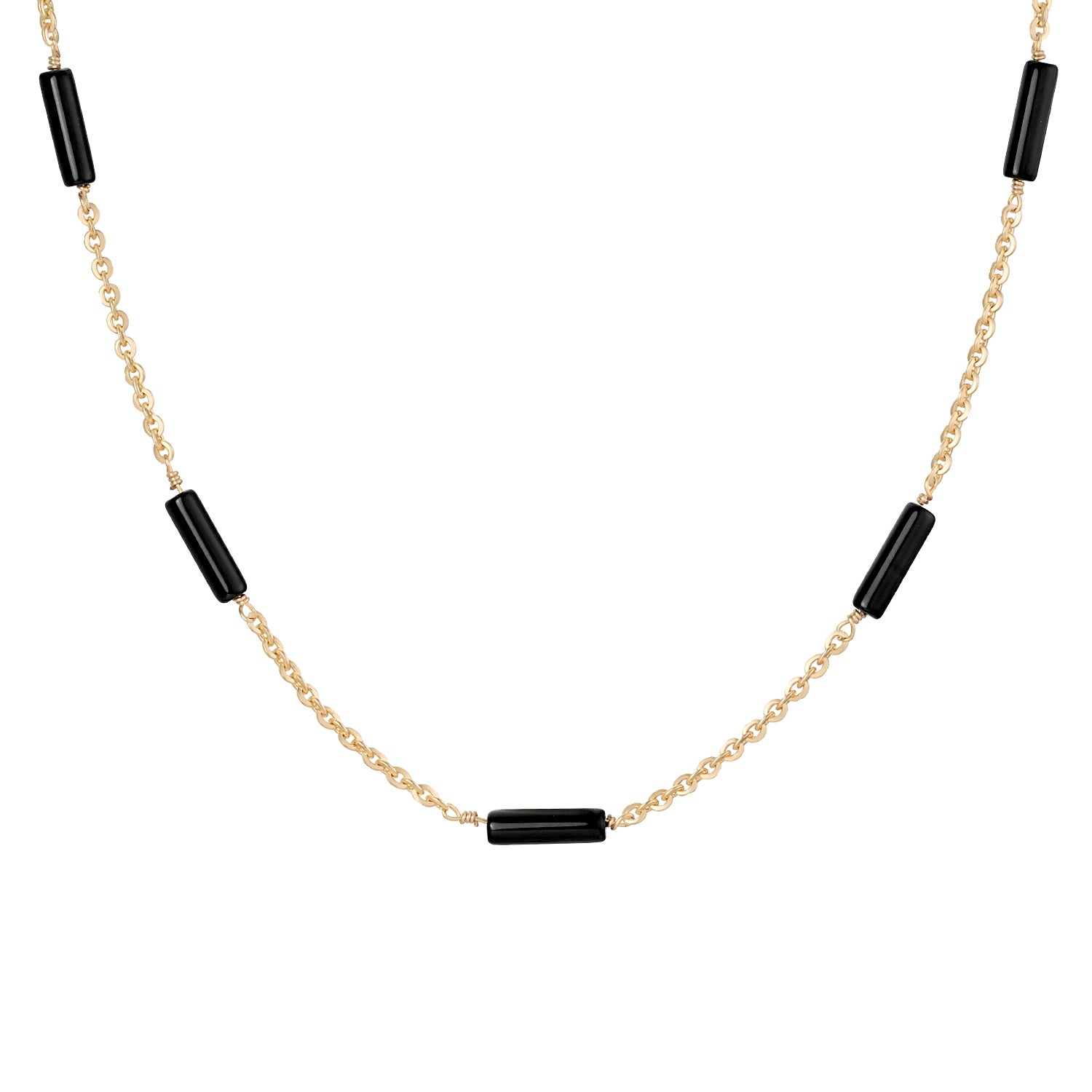 Myears® black onyx choker necklace on a white background, 14k gold-plated chain