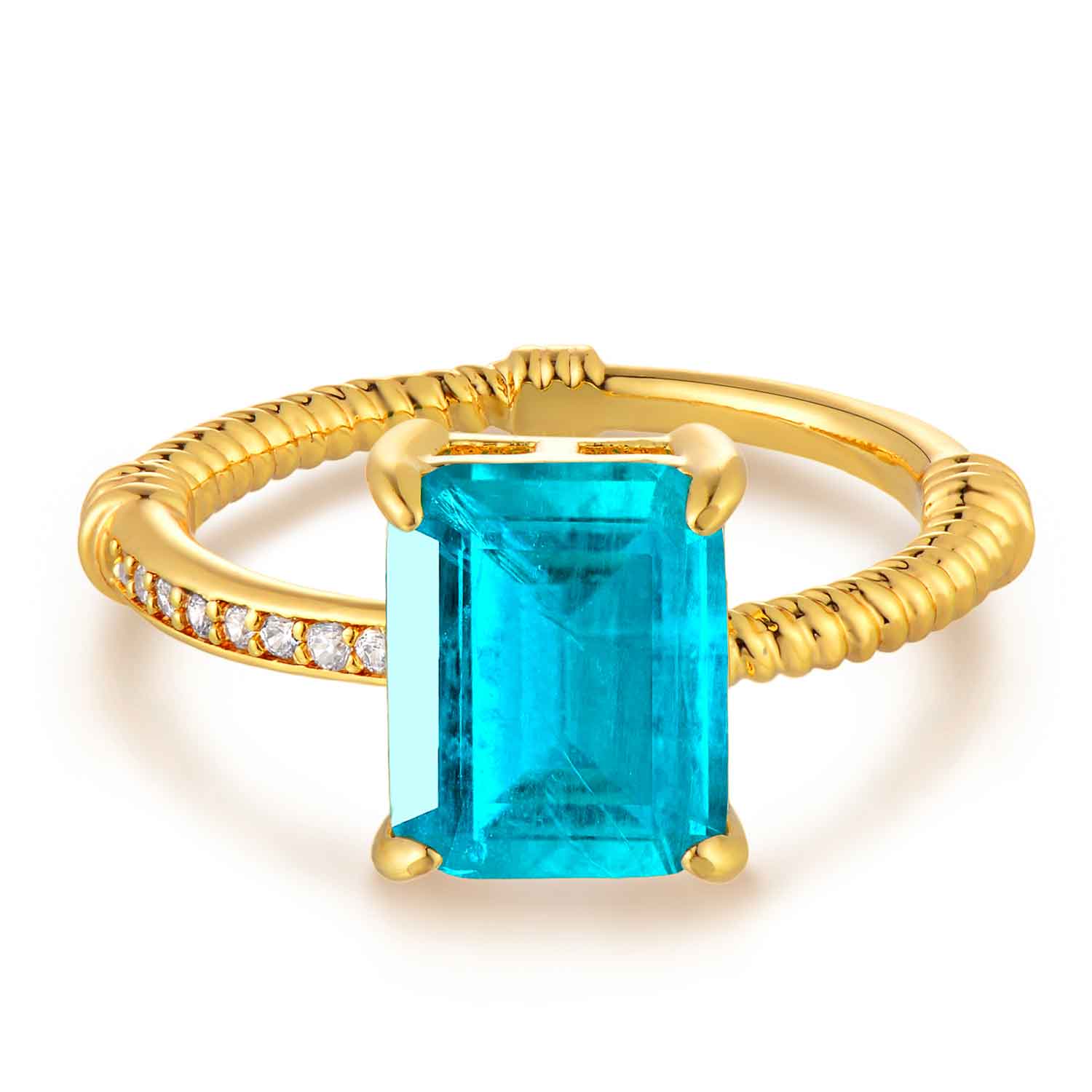 Rectangle Simulated Emerald/Paraiba Solitaire Cocktail Twisted Ring