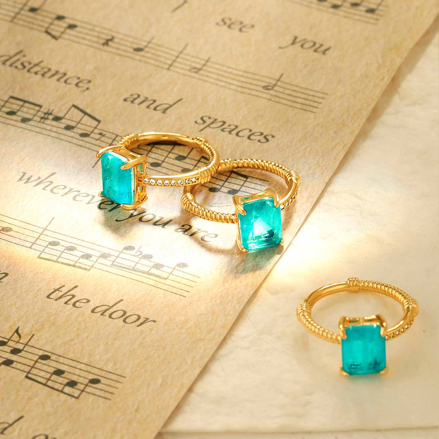 Rectangle Simulated Emerald/Paraiba Solitaire Cocktail Twisted Ring