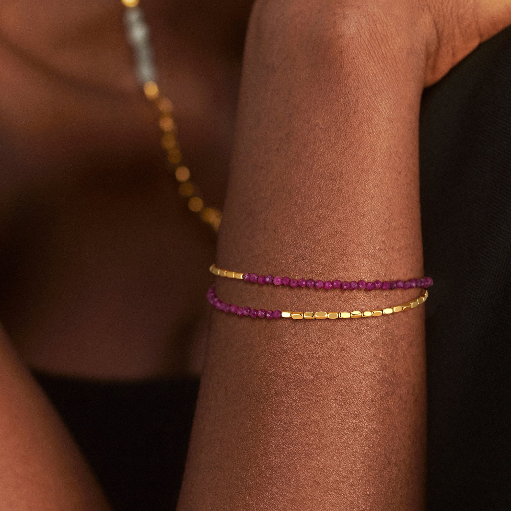 Model wearing the Myears® Carnelian Square Chain Double-Layer Bracelet in a daily outfit look