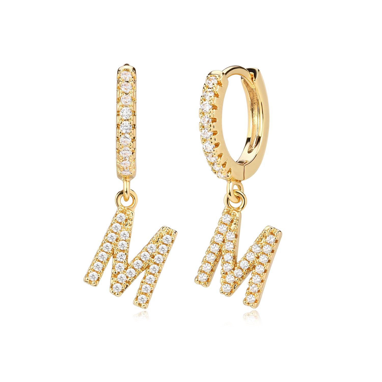 MYEARS gold initial dangle hoop earrings, featuring a delicate letter charm with cubic zirconia accents on a classic hoop