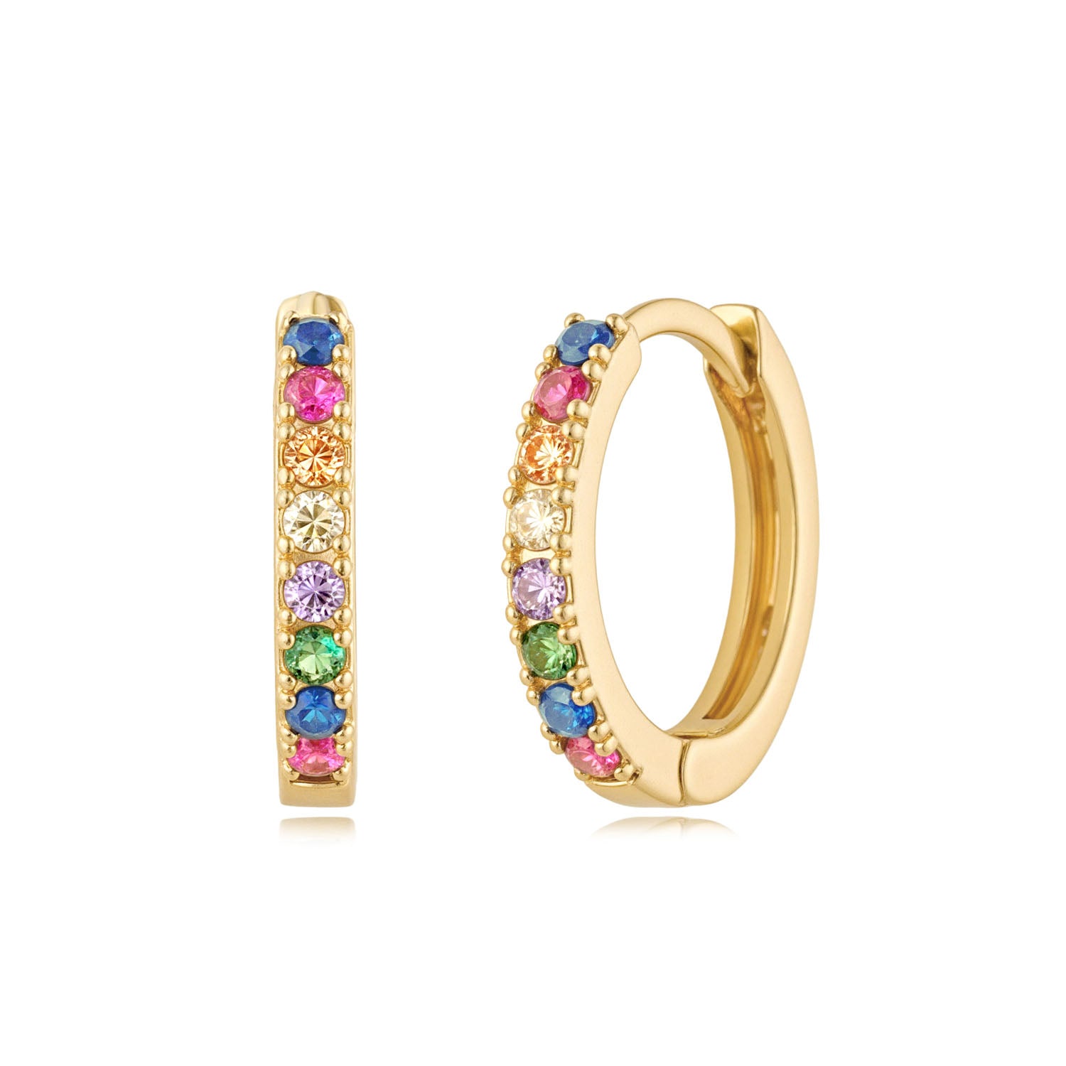 MYEARS® rainbow huggie hoop earrings for women, colorful gold huggie earrings, dainty everyday jewelry gift.