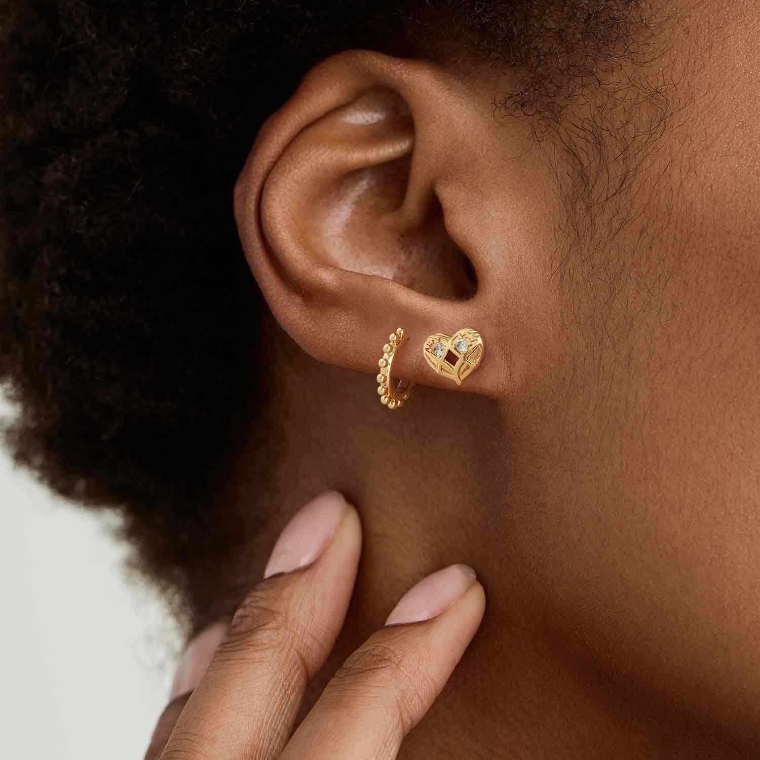 MYEARS® Gold Round Beaded Hoop Earrings worn by model, trendy and elegant everyday earrings for women