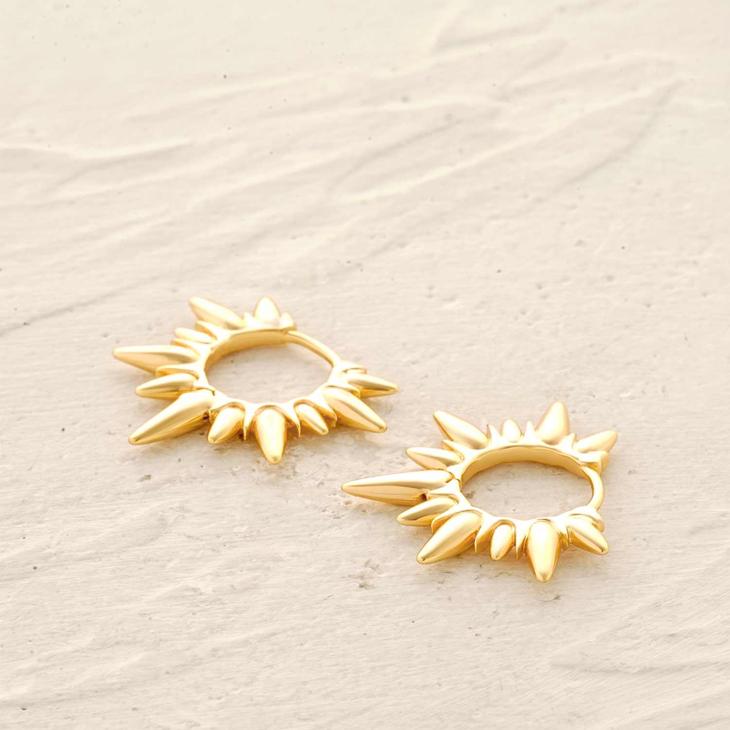 Close-up of MYEARS® Gold Sunbeam Spike Hoop Earrings showing gold finish and spike details, perfect hoop earrings for women