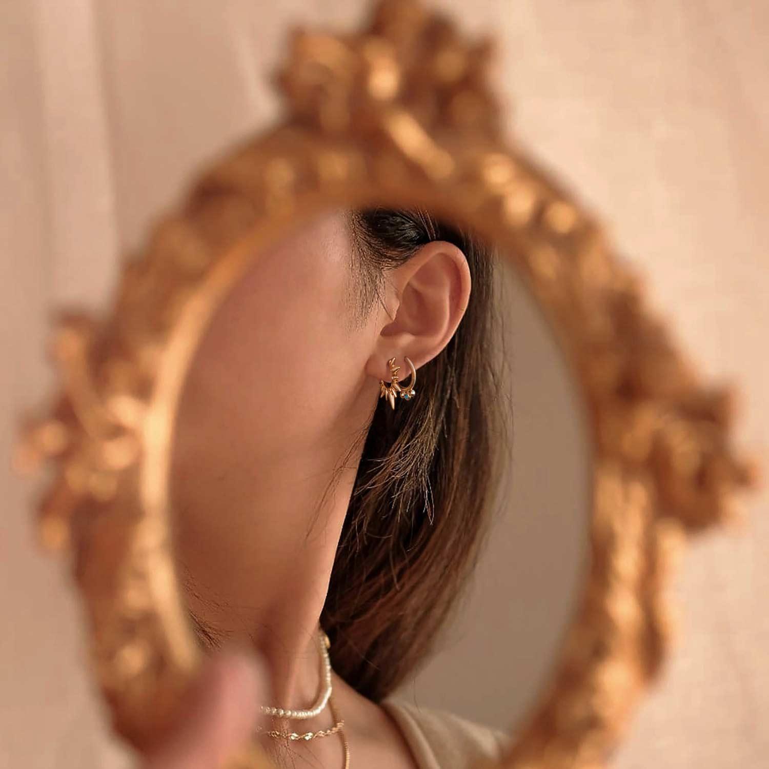 MYEARS® Gold Sunbeam Spike Hoop Earrings worn by model, fashionable hoop earrings for women, ideal gift for loved ones