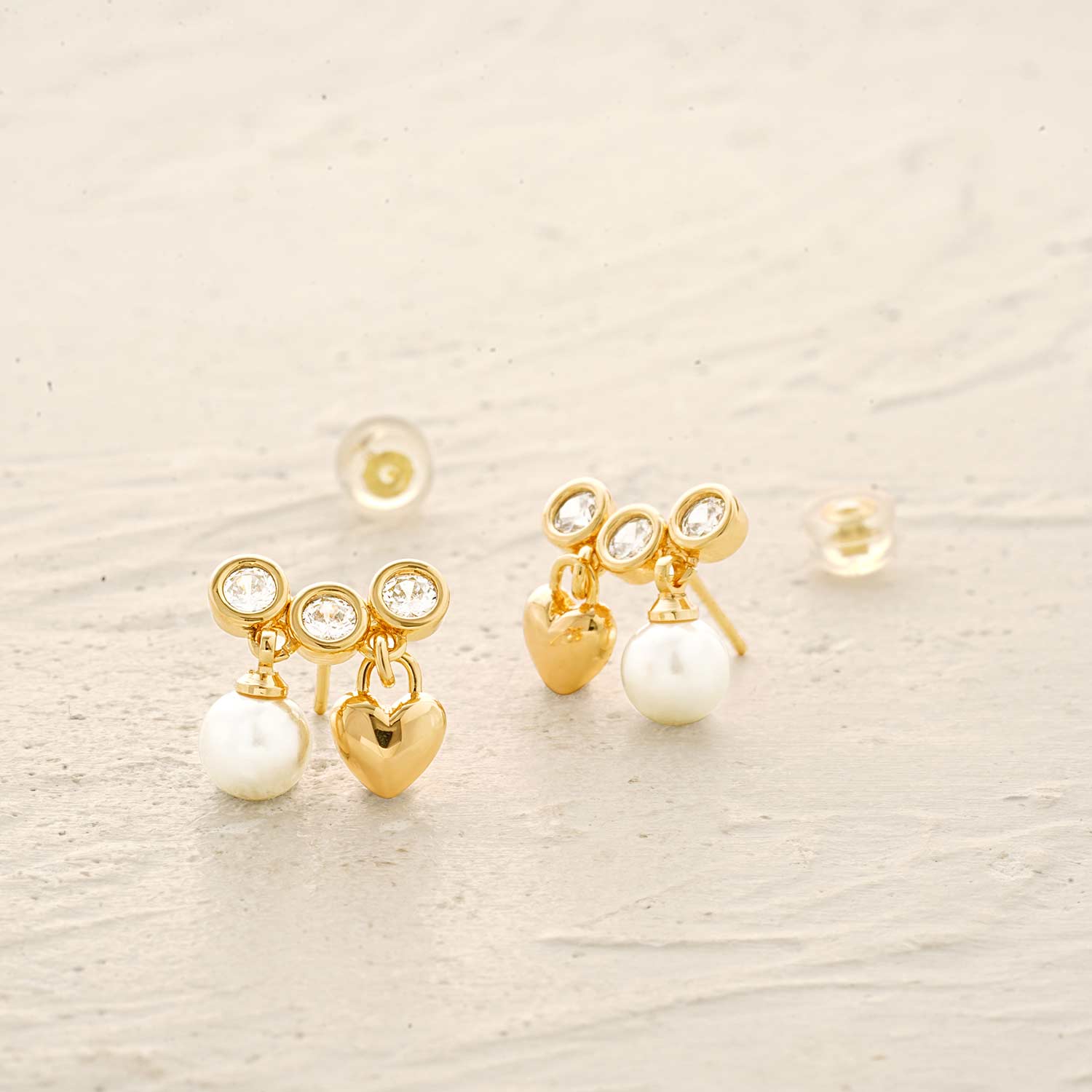 Gold Pearl Heart Stud Earrings