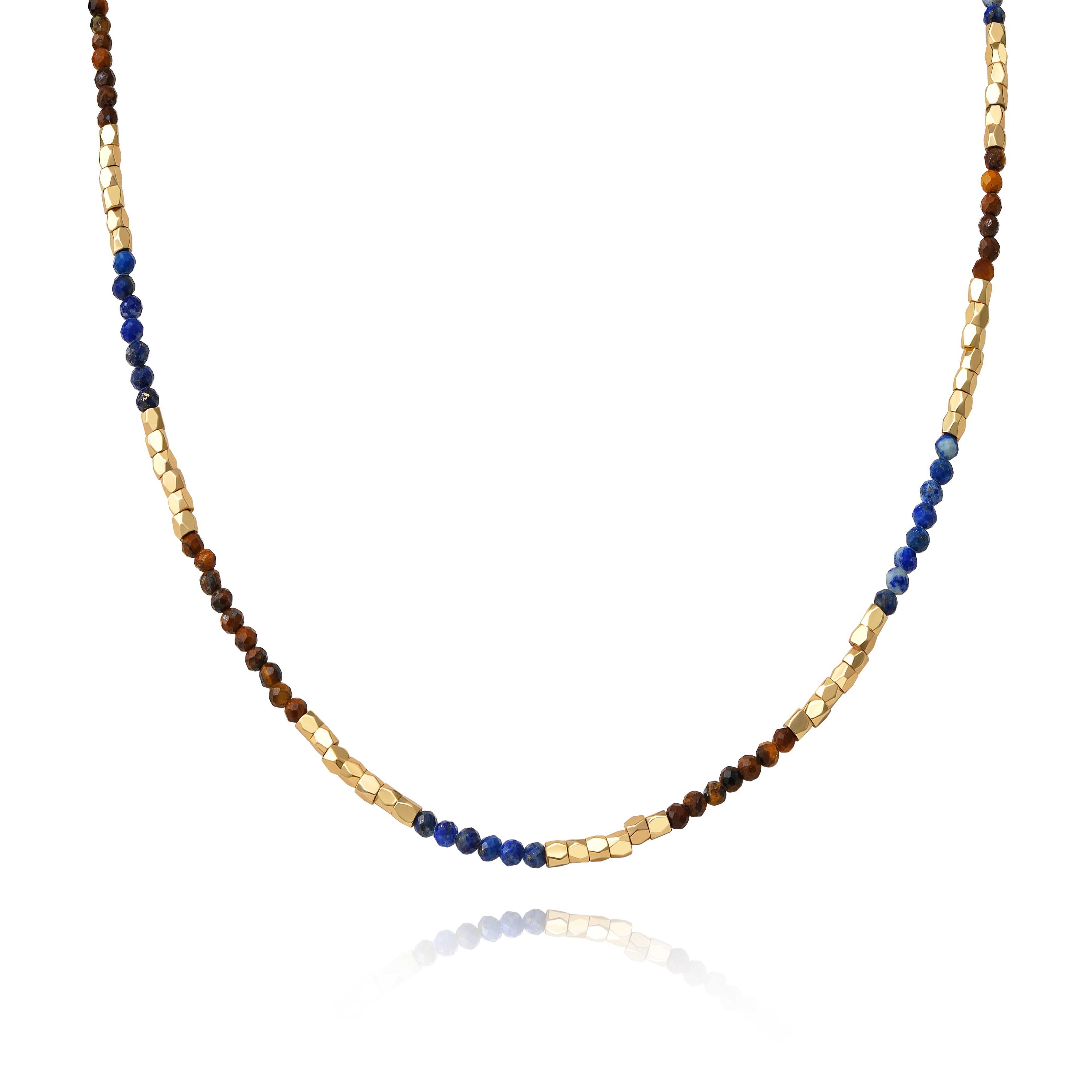 Myears® Lapis Lazuli Beaded Choker Necklace for women, elegant blue gemstone beaded choker with 14K gold accents, minimalist gemstone jewelry