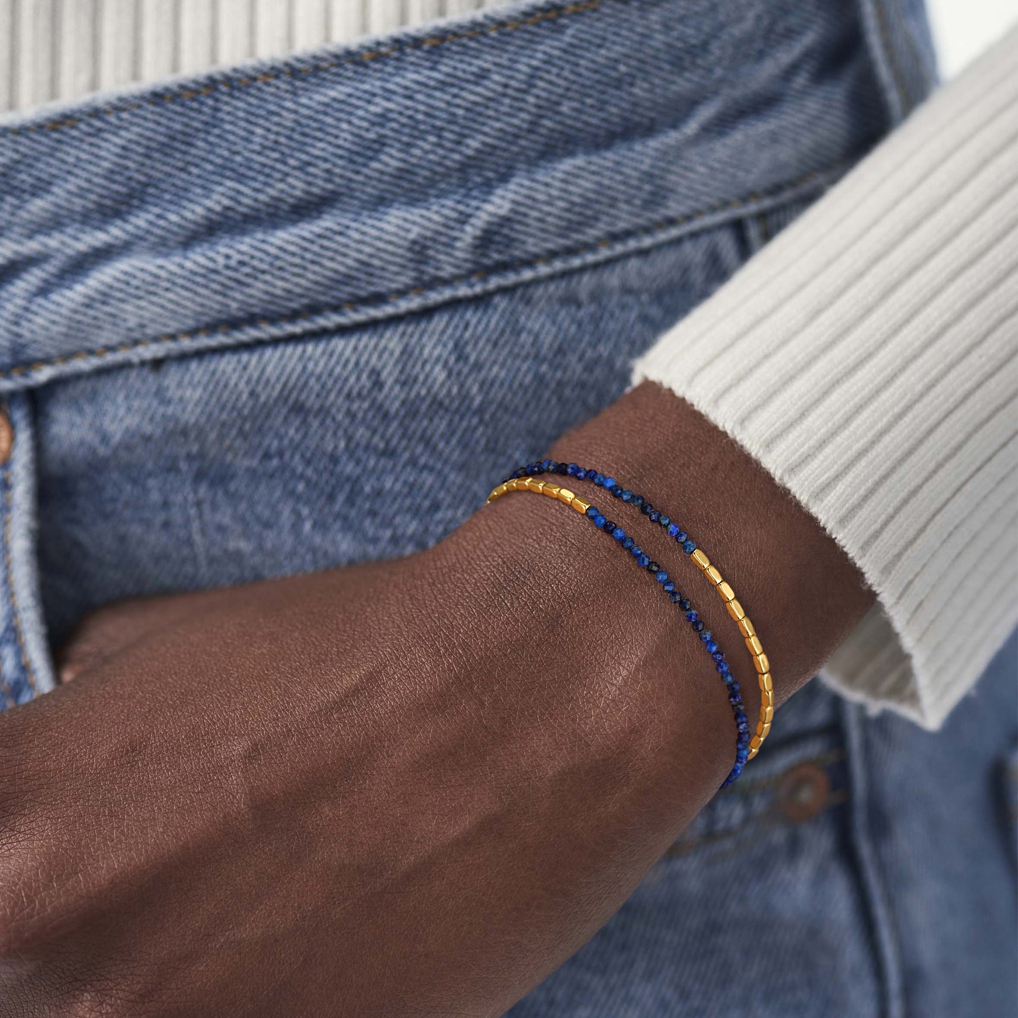 Model wearing the Myears® Lapis Lazuli Square Chain Double-Layer Bracelet, 14k gold-plated chain, close-up portrait