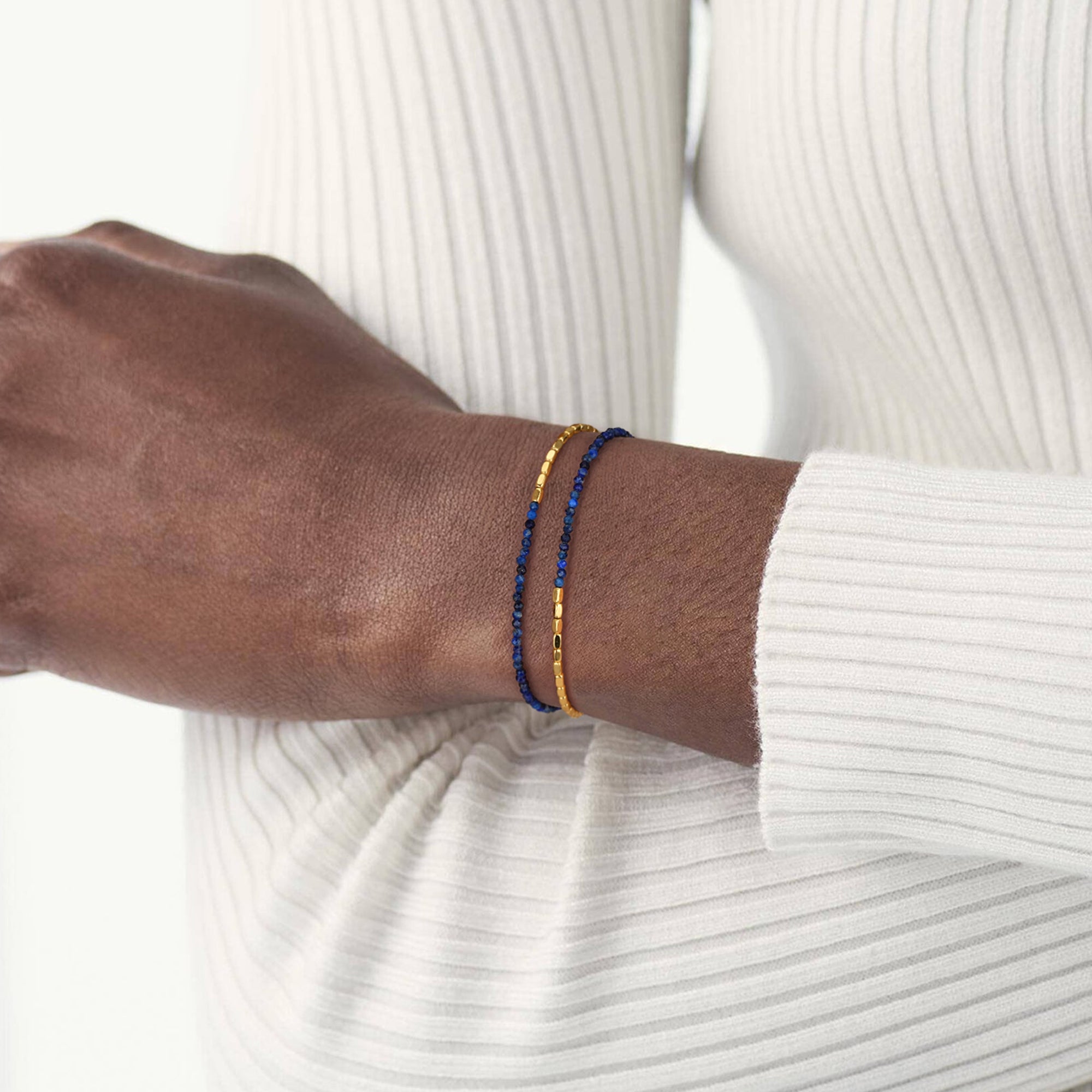 Model wearing the Myears® Lapis Lazuli Square Chain Double-Layer Bracelet in a daily outfit look