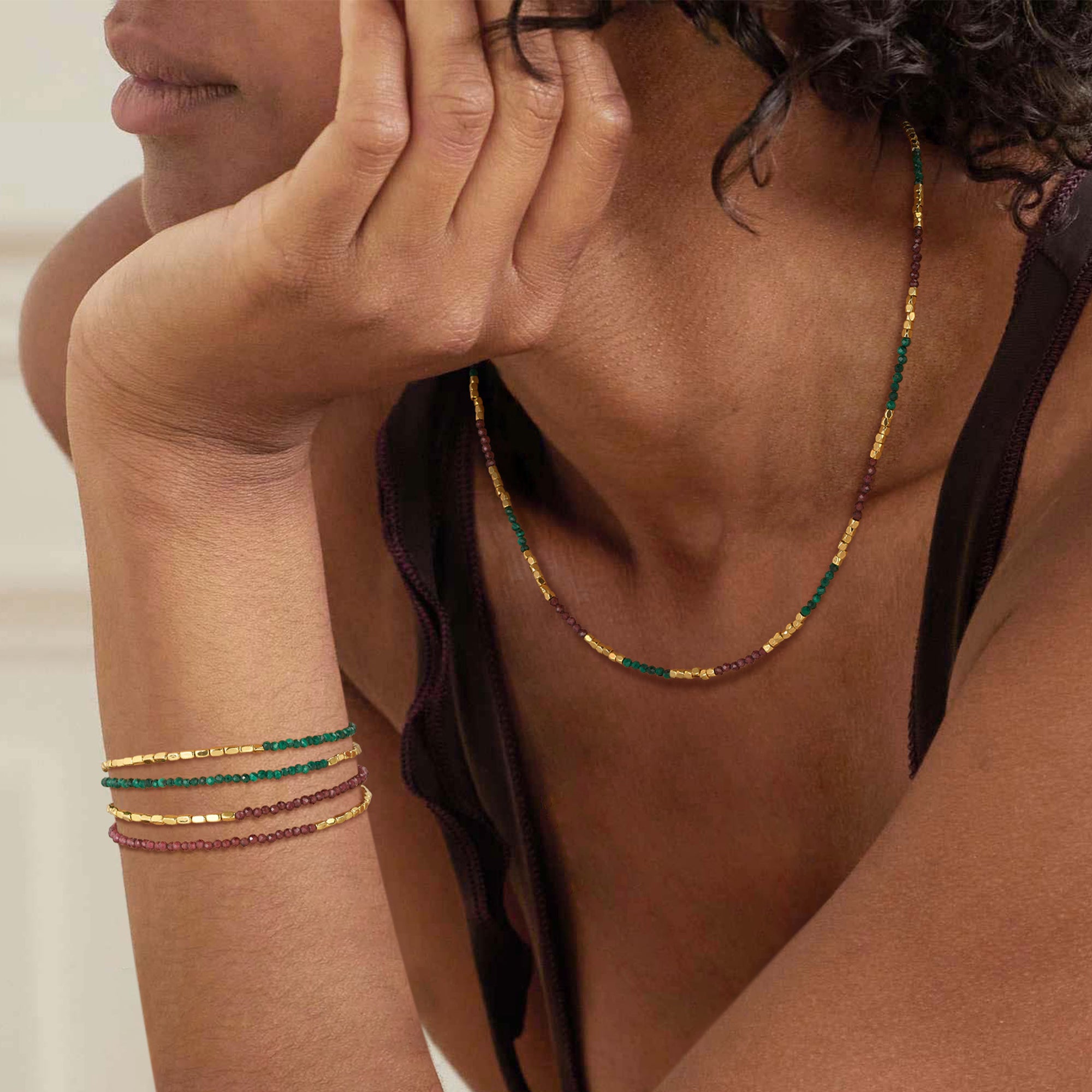 Model wearing the Myears® Malachite Square Chain Double-Layer Bracelet, 14k gold-plated chain, close-up portrait