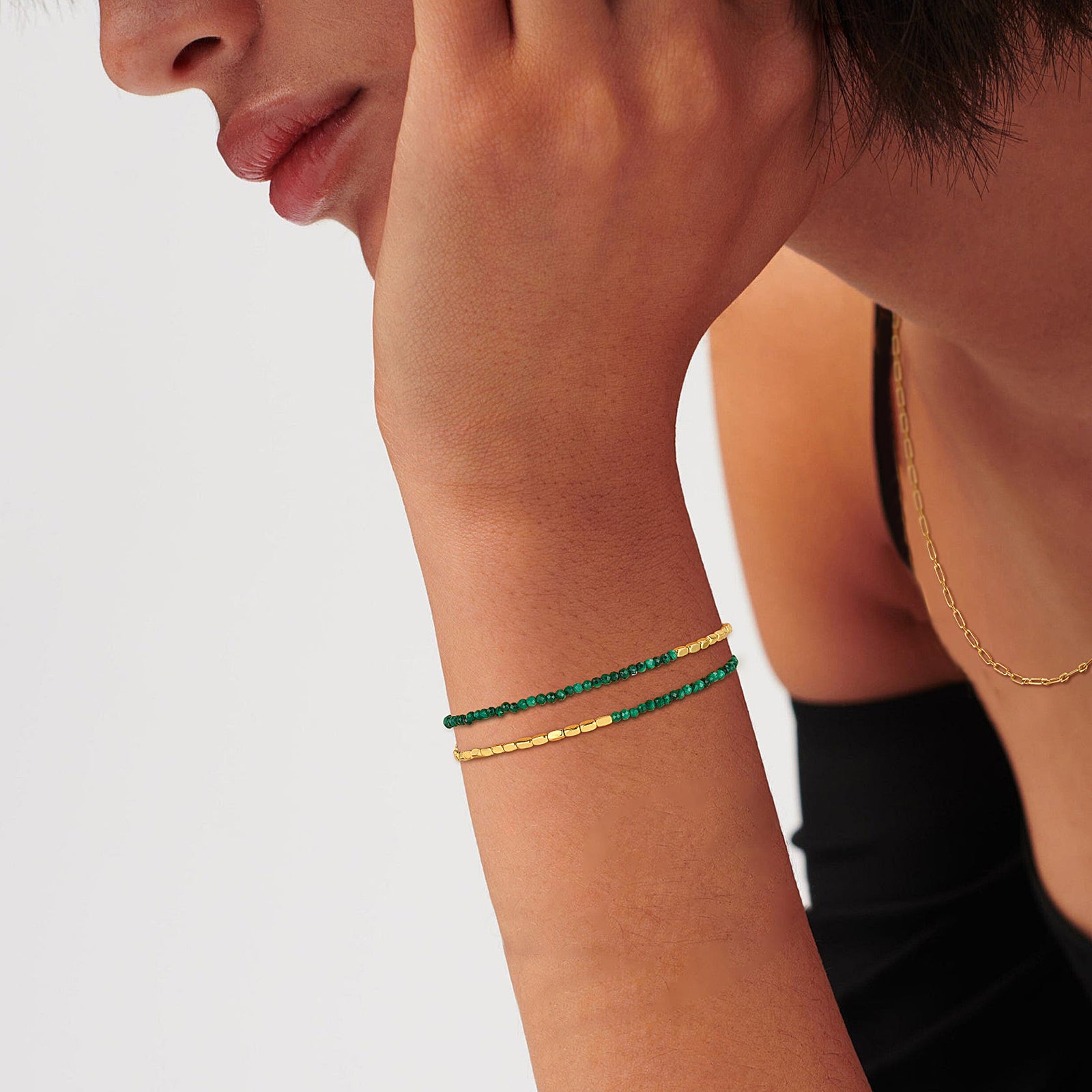 Model wearing the Myears® Malachite Square Chain Double-Layer Bracelet in a daily outfit look