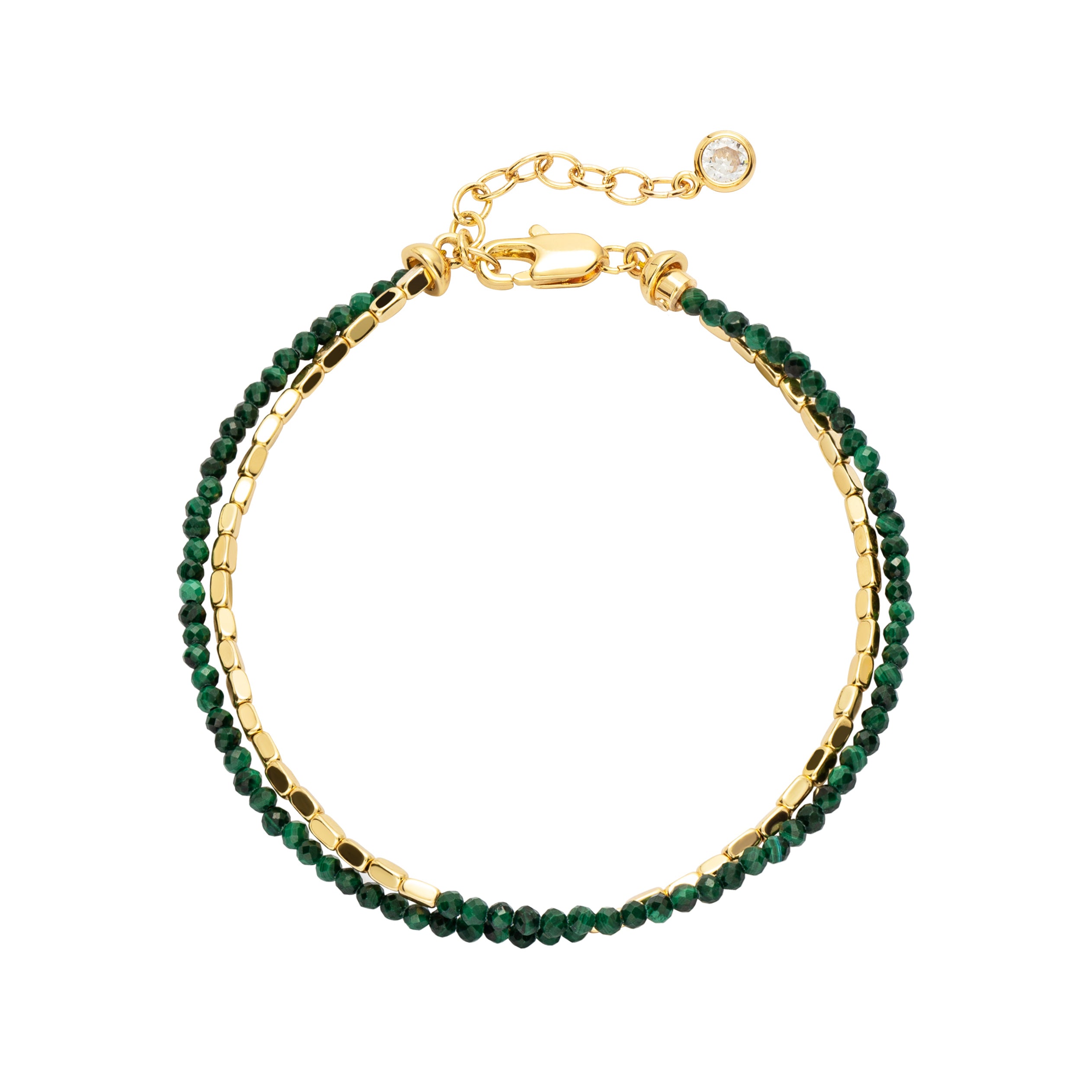 Myears® Malachite Square Chain Double-Layer Bracelet on a white background, 14k gold-plated chain, close-up product shot