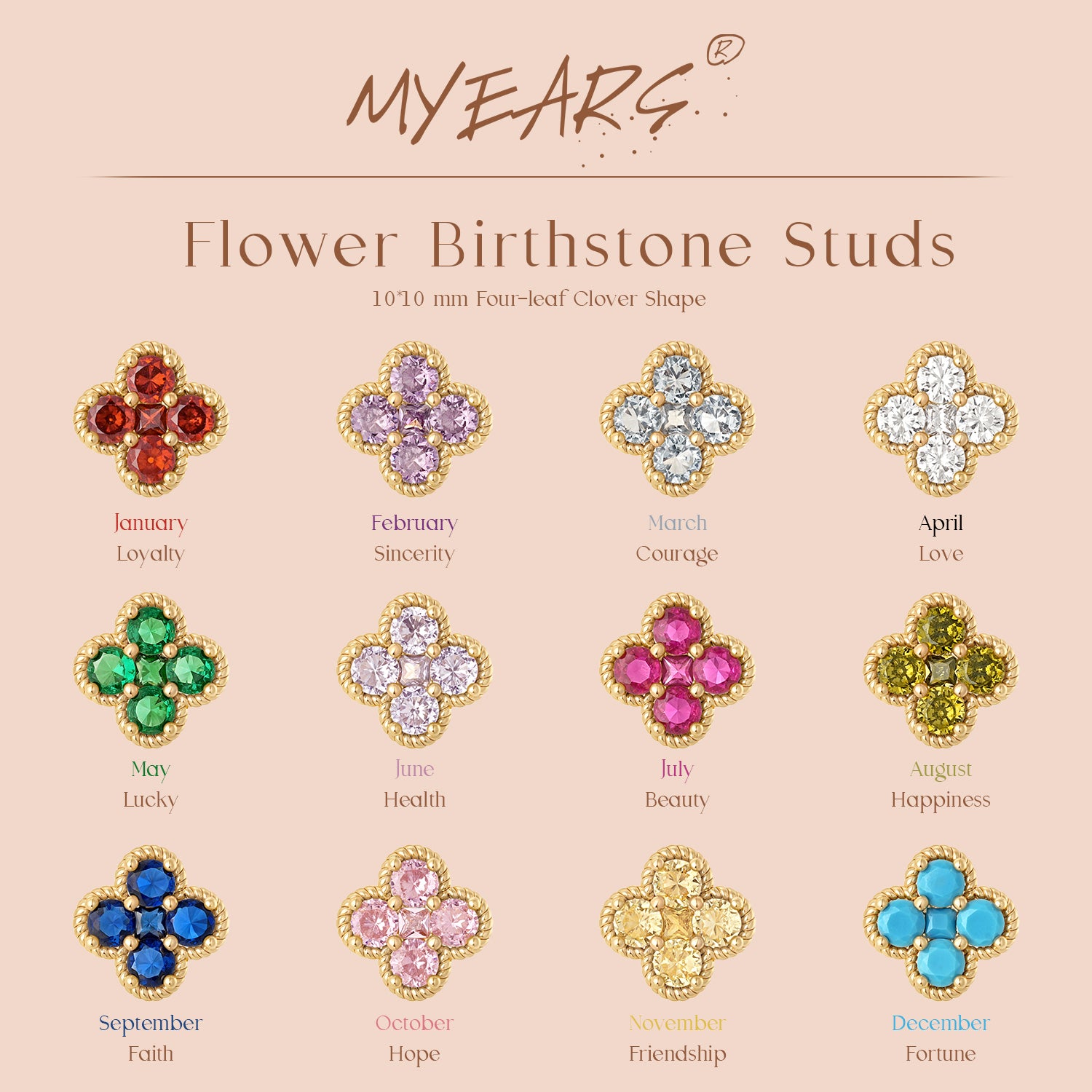 Close-up of MYEARS 12 Month Flower Birthstone Stud Earrings in gold showing elegant design, women’s lucky charm for everyday wear-10