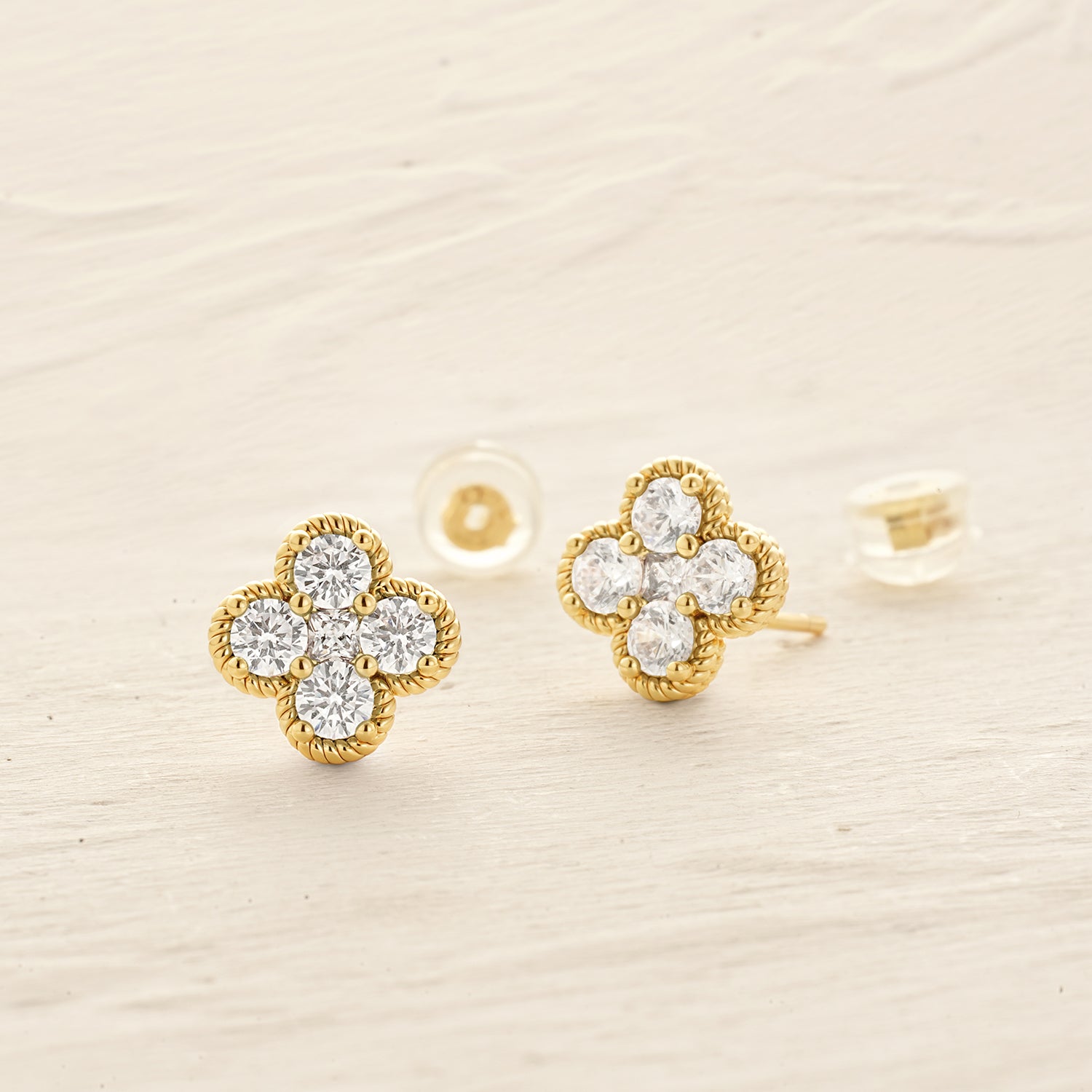 Close-up of MYEARS April Flower Birthstone Stud Earrings in gold showing elegant design, women’s lucky charm for everyday wear