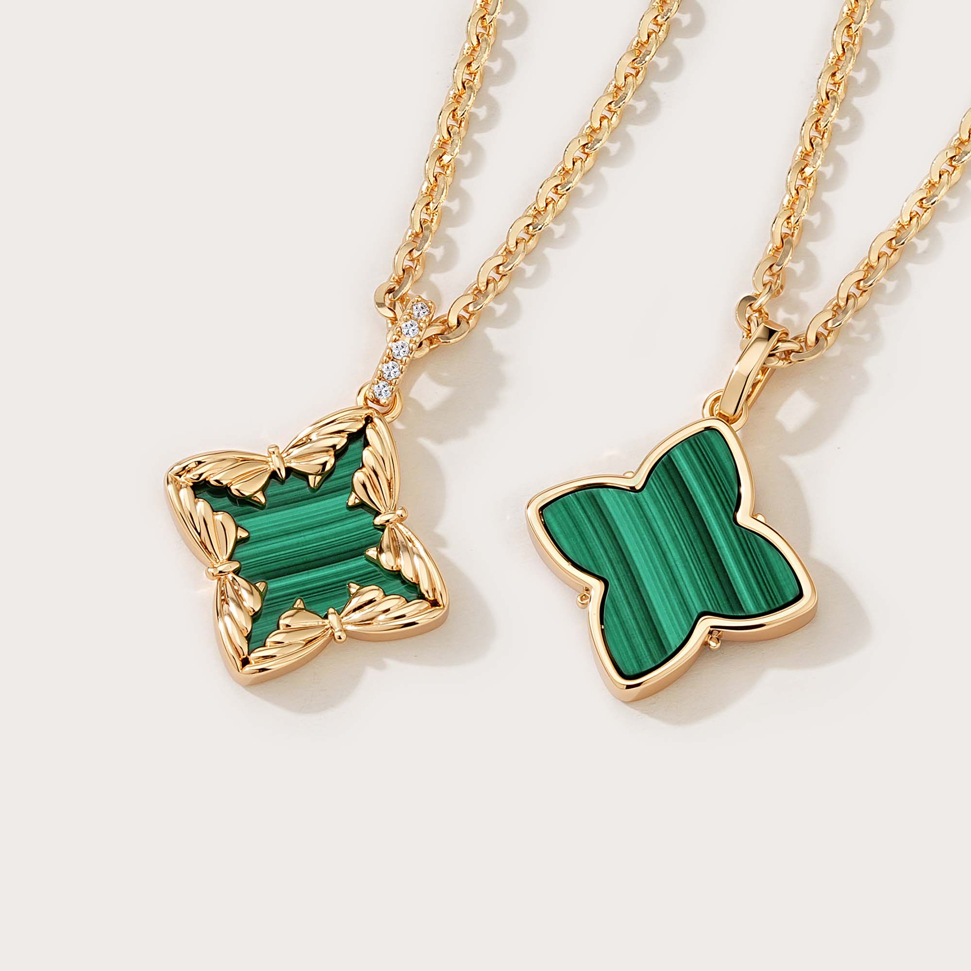 Close-up detail of MYEARS Butterfly Malachite Pendant Necklace showing gold chain and butterfly-shaped malachite pendant