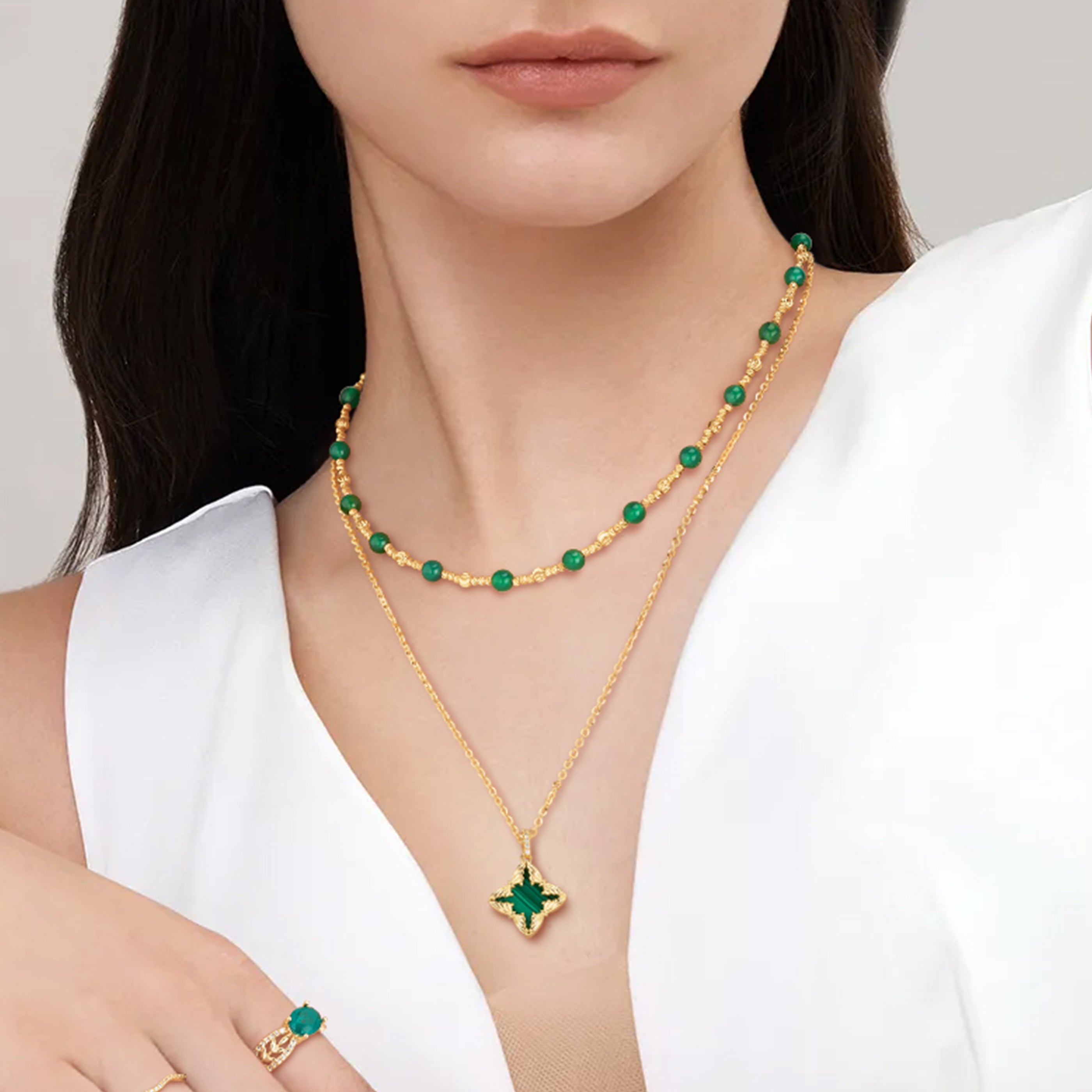 MYEARS Butterfly Malachite Pendant Necklace worn by a woman, gold butterfly malachite necklace suitable for everyday wear and as a gift