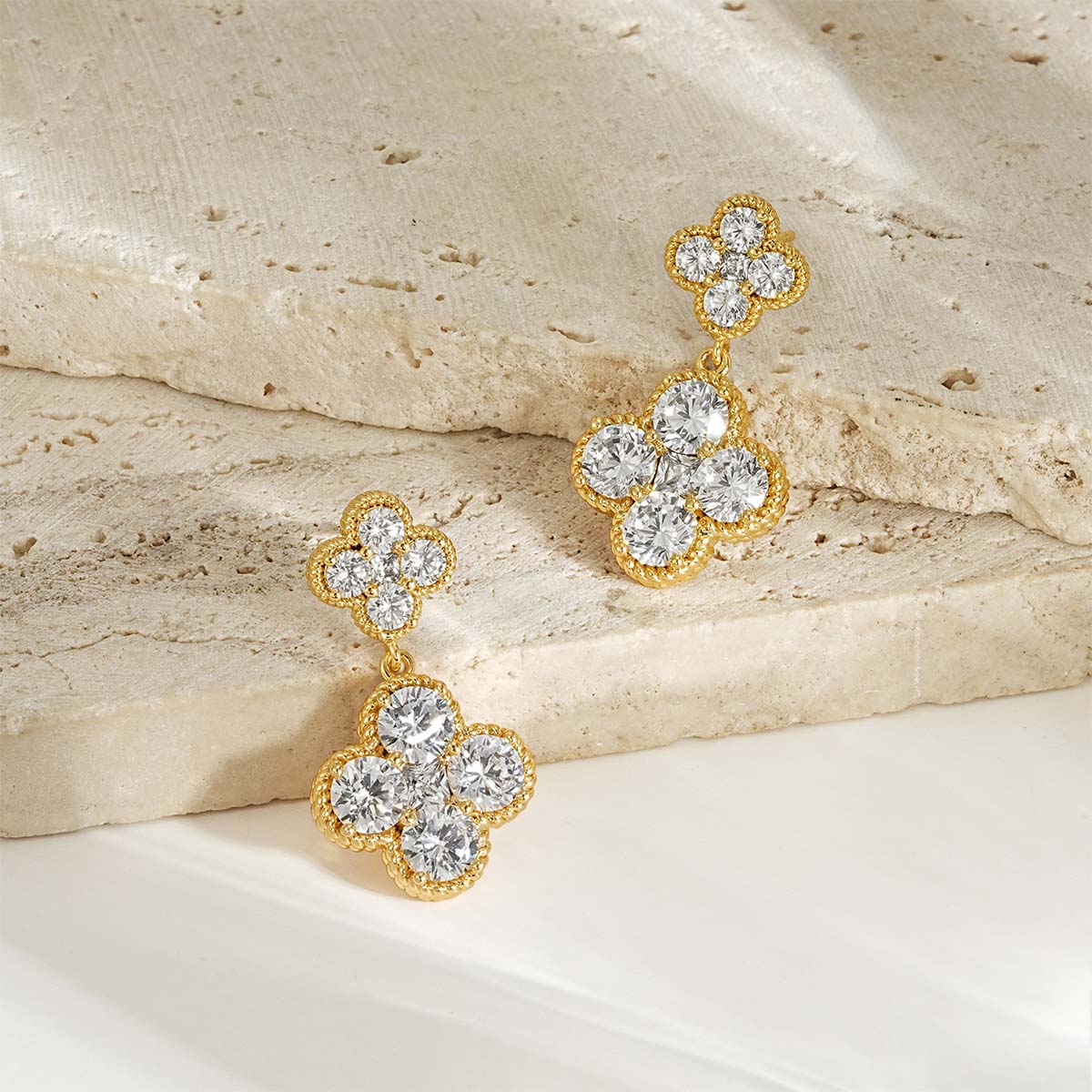 MYEARS gold Clover Flower April birthstone dangle stud earrings styled for everyday wear