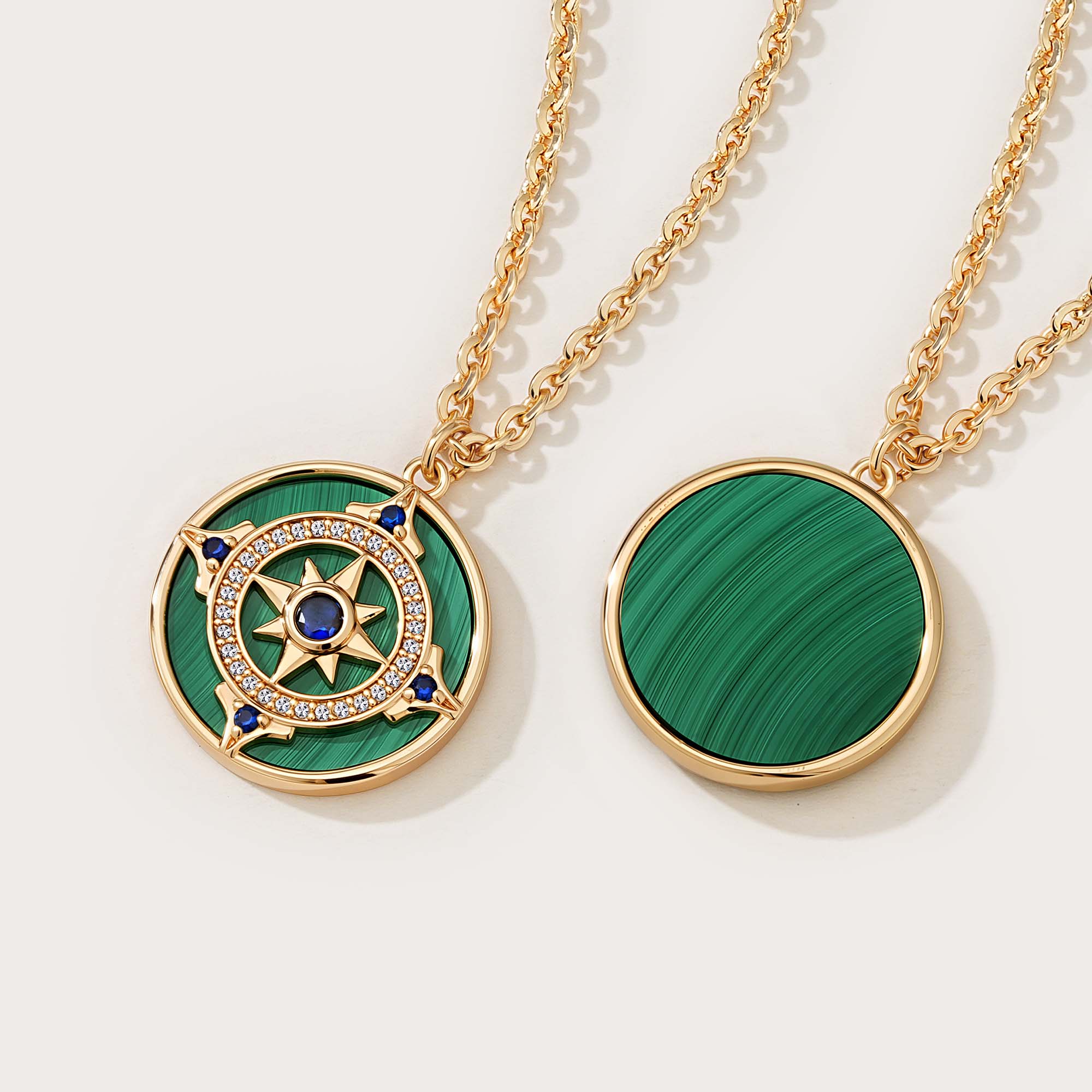 Close-up detail of MYEARS Compass Malachite Pendant Necklace showing gold chain and compass-shaped malachite pendant