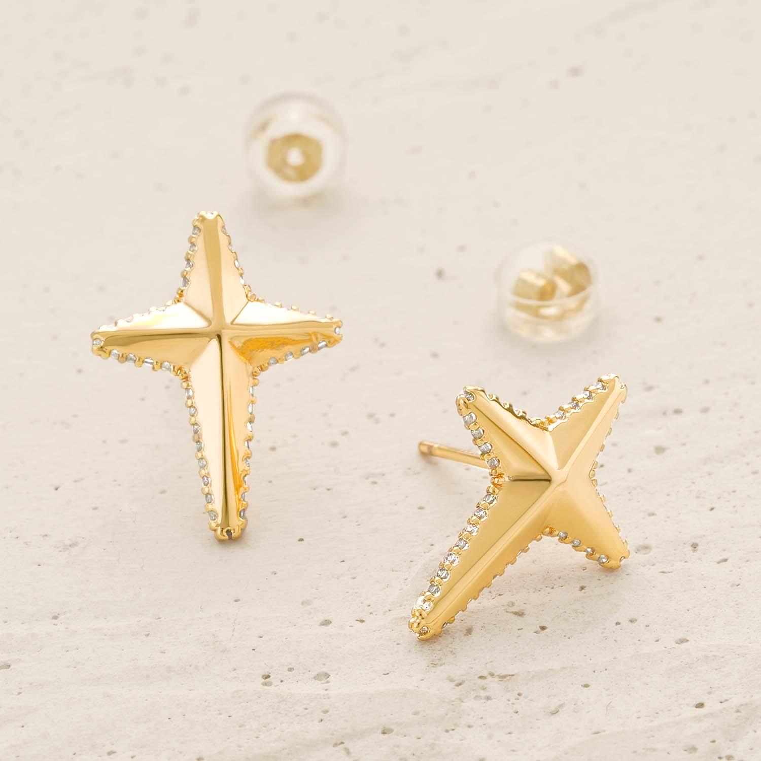 Detailed view of MYEARS® Cross Star Stud Earrings, highlighting gold finish and intricate cross and star design, stylish choice for women’s everyday wear and gifts