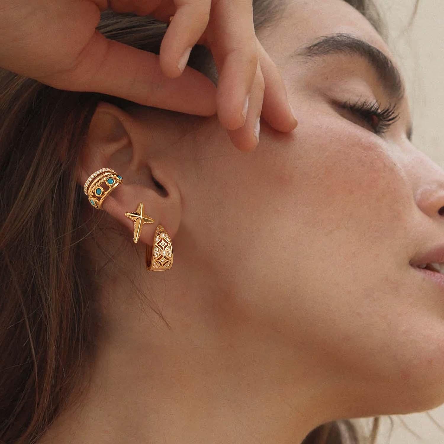 MYEARS® Cross Star Stud Earrings shown on model, gold earrings designed for women, ideal for everyday wear or gifting to loved ones