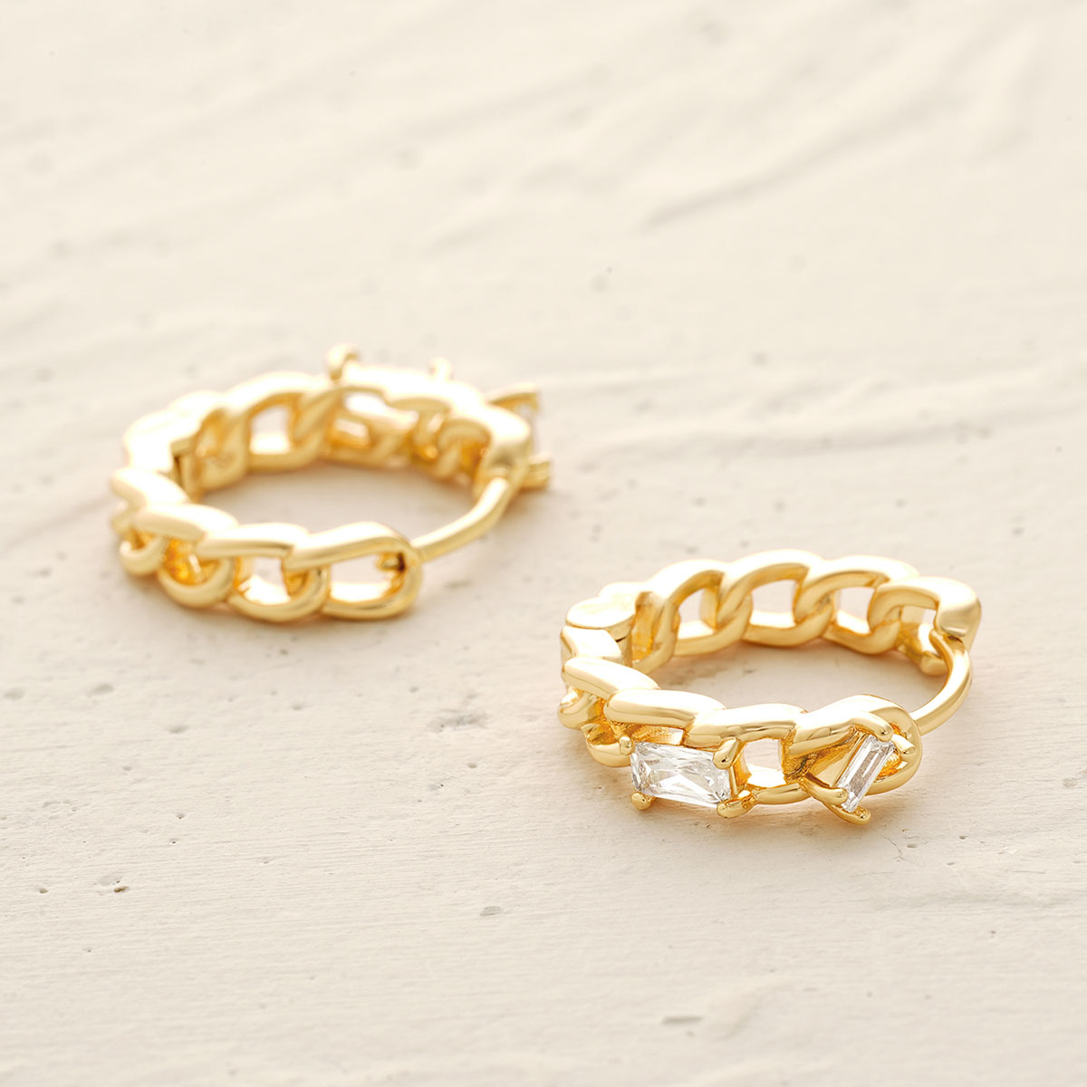 Detailed view of MYEARS® CZ Chain Link Hoop Earrings in gold, highlighting cubic zirconia sparkle, polished finish, and chain link texture