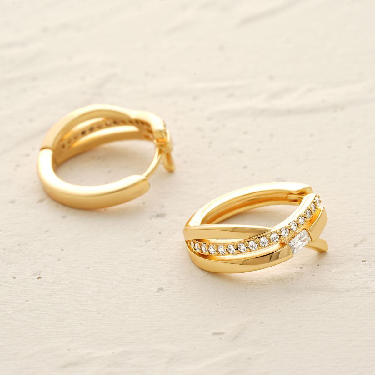 Detailed view of MYEARS® CZ Split Crossover Huggie Hoop Earrings highlighting gold finish, split hoop design, and sparkling cubic zirconia accents