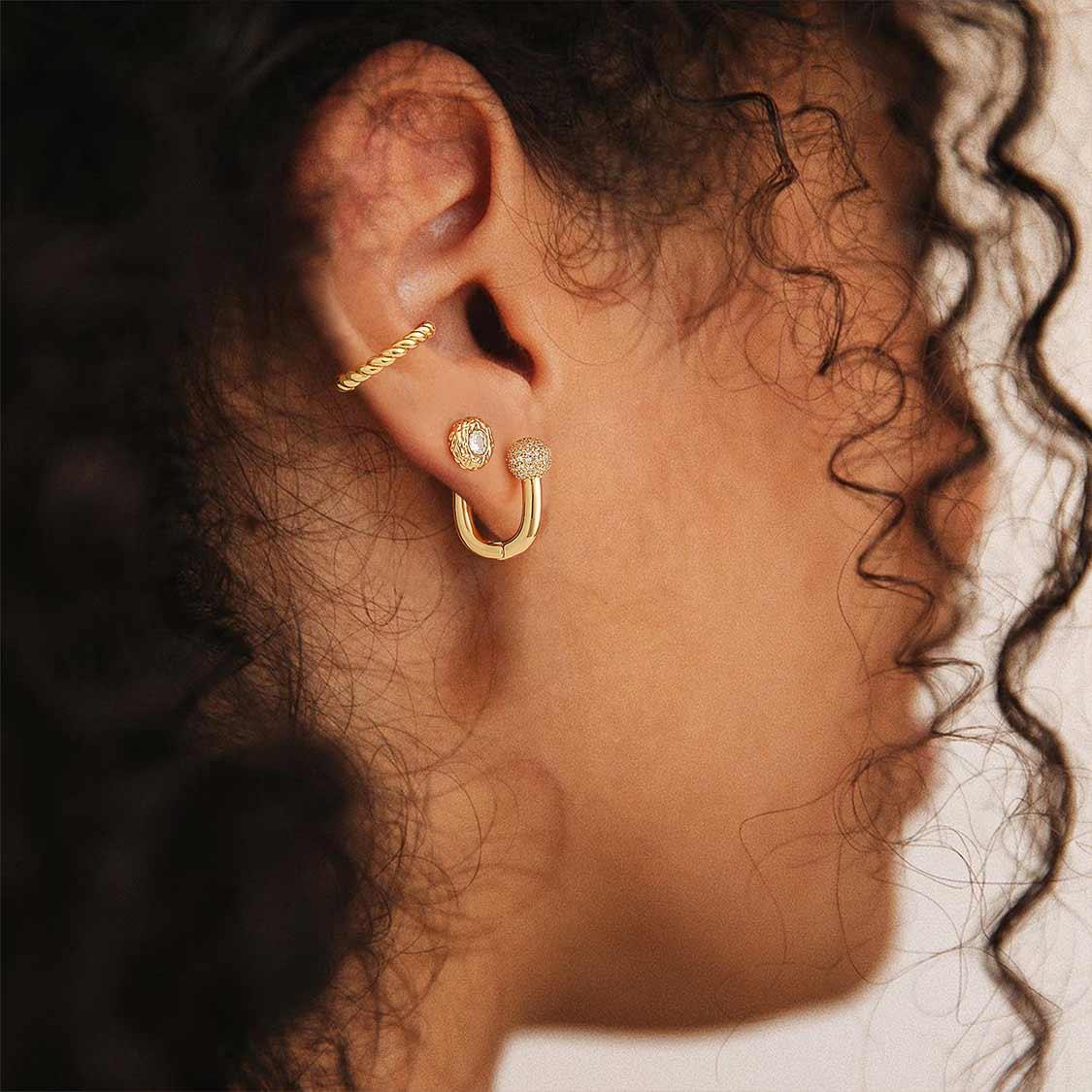 MYEARS® Donut Fairy Stud Earrings worn by model, gold earrings for women, playful design ideal for everyday wear and as a thoughtful gift