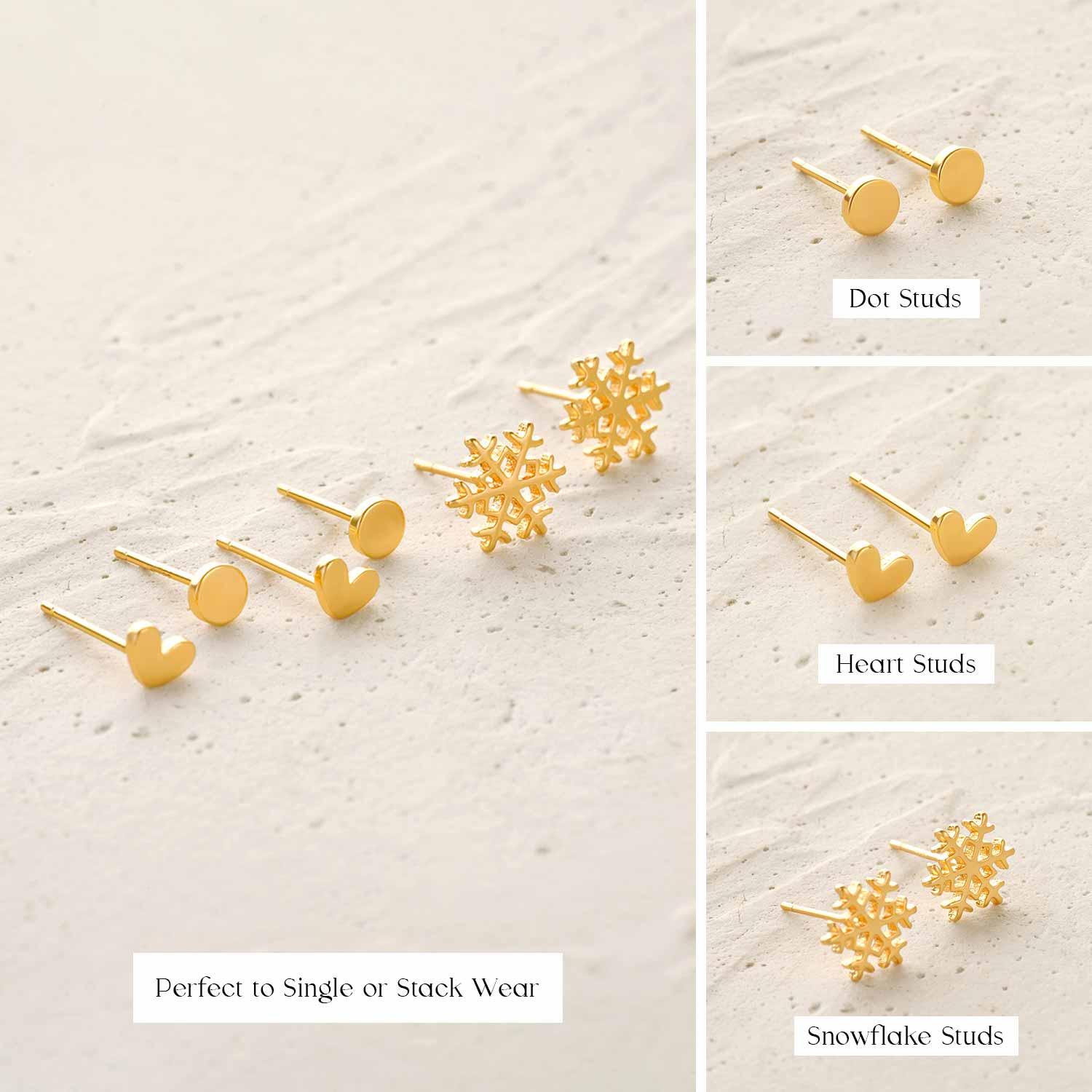 Close-up of MYEARS Dot, Heart & Snowflake Stud Earrings Set showing dot, heart, and snowflake designs in gold