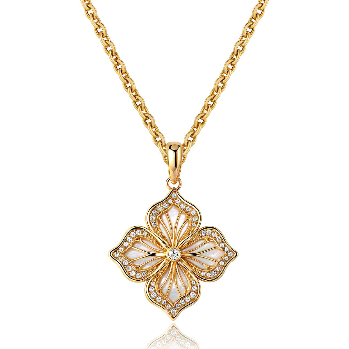 Close-up of MYEARS Four Leaf Clover Flower Pendant Necklace with Mother of Pearl in gold showing elegant design, women’s lucky charm for everyday wear