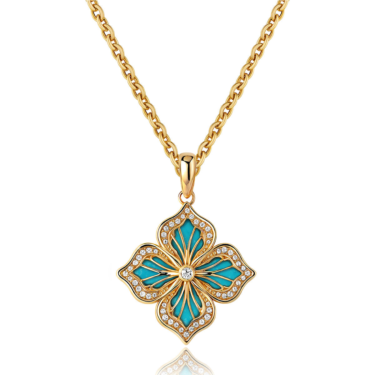 Close-up of MYEARS Four Leaf Clover Flower Pendant Necklace with Turquoise in gold showing elegant design, women’s lucky charm for everyday wear