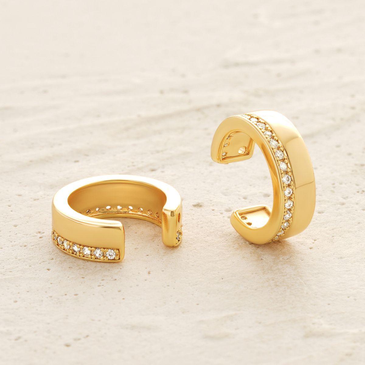 Detailed view of MYEARS® gold polished pavé ear cuffs, showcasing the smooth polished surface and delicate pavé craftsmanship