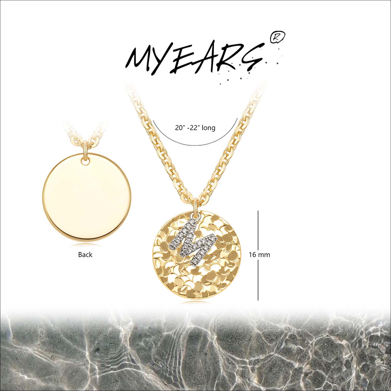 MYEARS hammered crushed ice initial m pendant necklace styled for everyday wear, gold gift for women