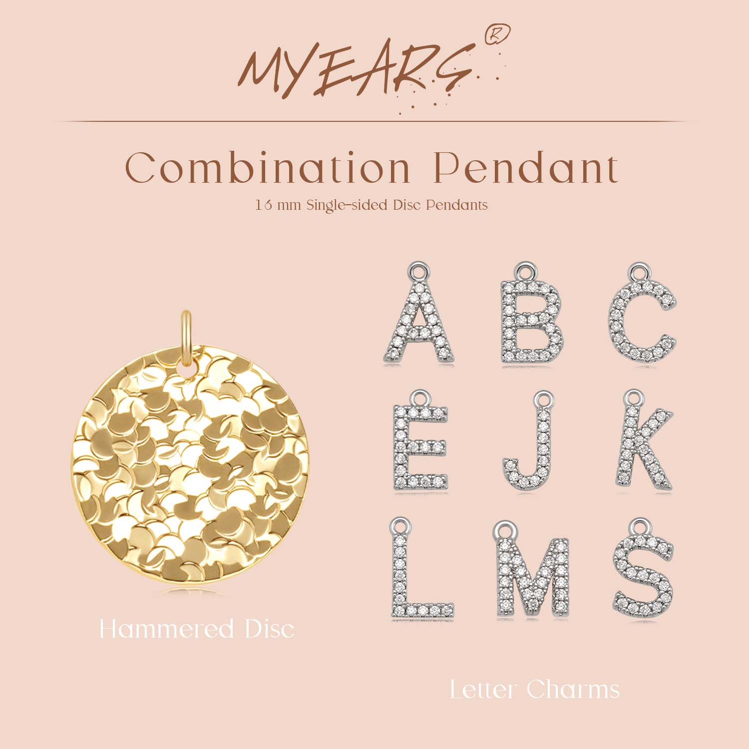 Close-up detail of MYEARS hammered crushed ice texture initial pendant necklace in gold