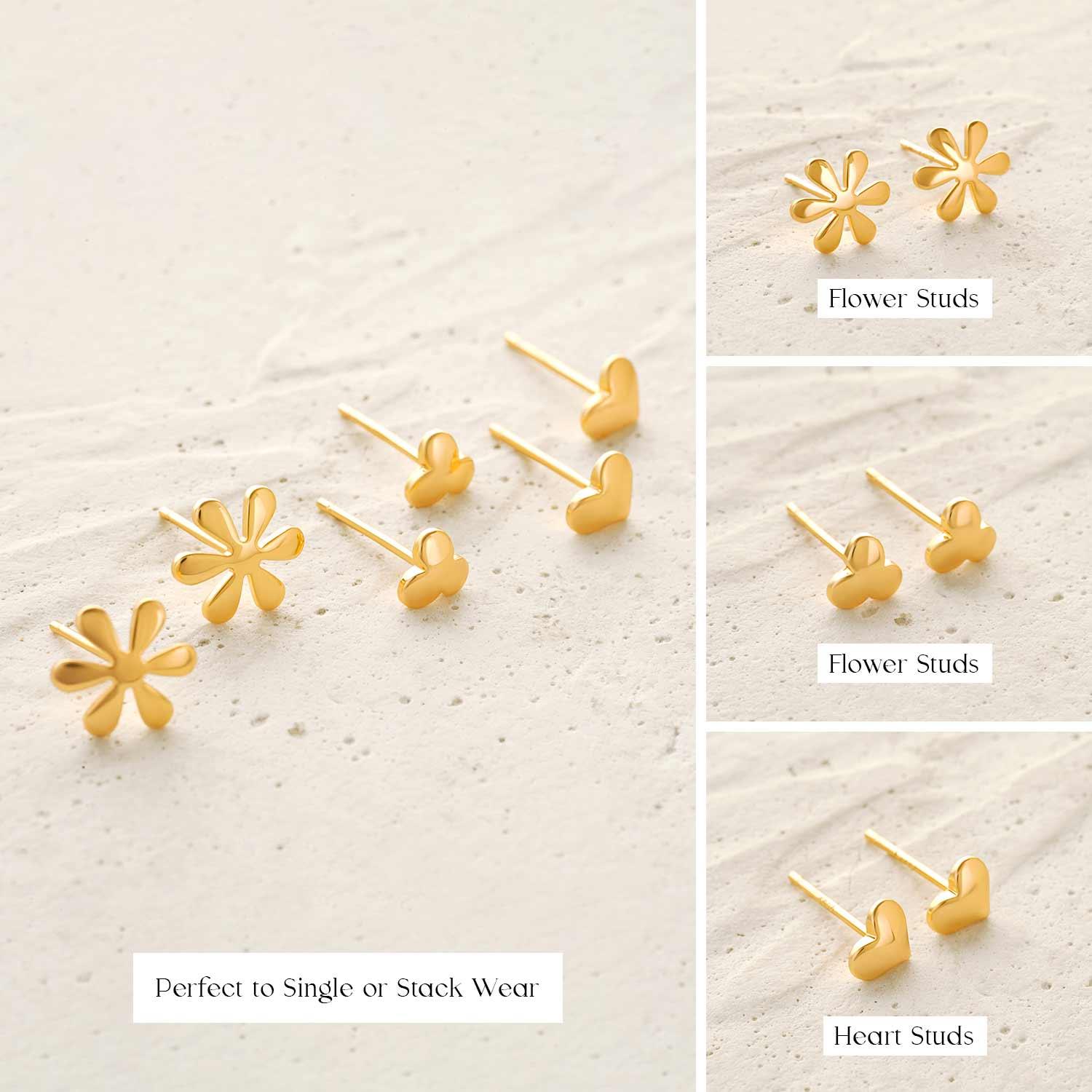 Close-up of MYEARS Heart Flower Stud Earrings Set showing heart and flower designs in gold
