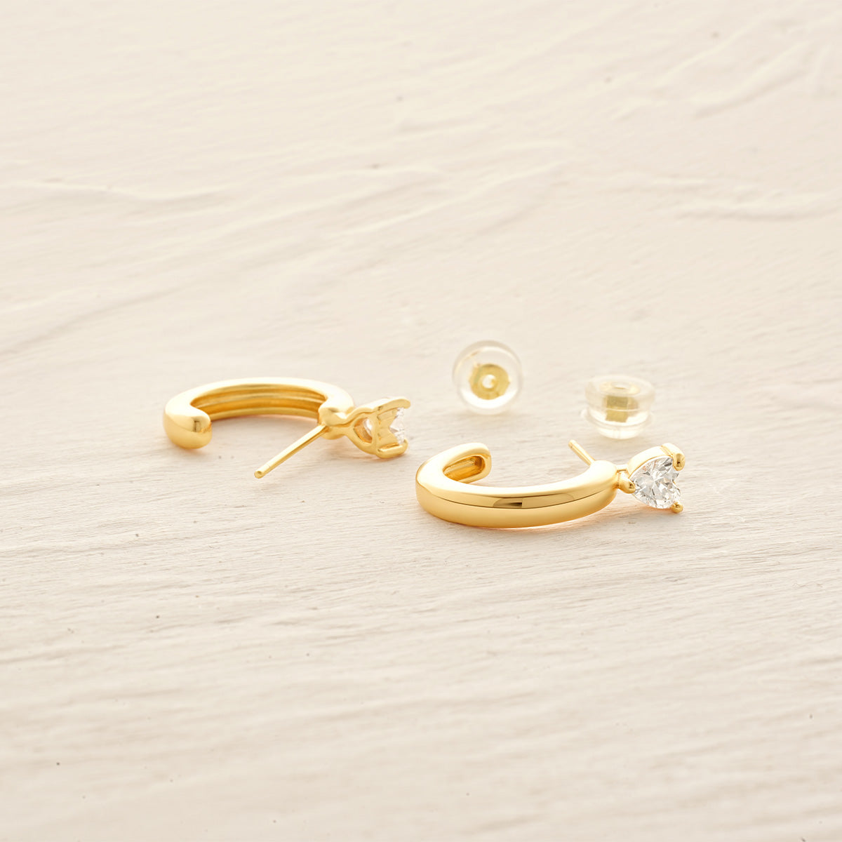 Detailed view of MYEARS® Heart Zircon C Shape Stud Earrings, showing sparkling zircon stones, gold accents, and fine craftsmanship, perfect for gifting or daily wear for women