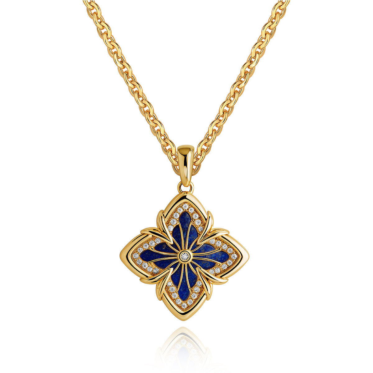 Close-up of MYEARS Lapis Lazuli Clover Medallion Necklace in gold showing elegant design, women’s lucky charm for everyday wear