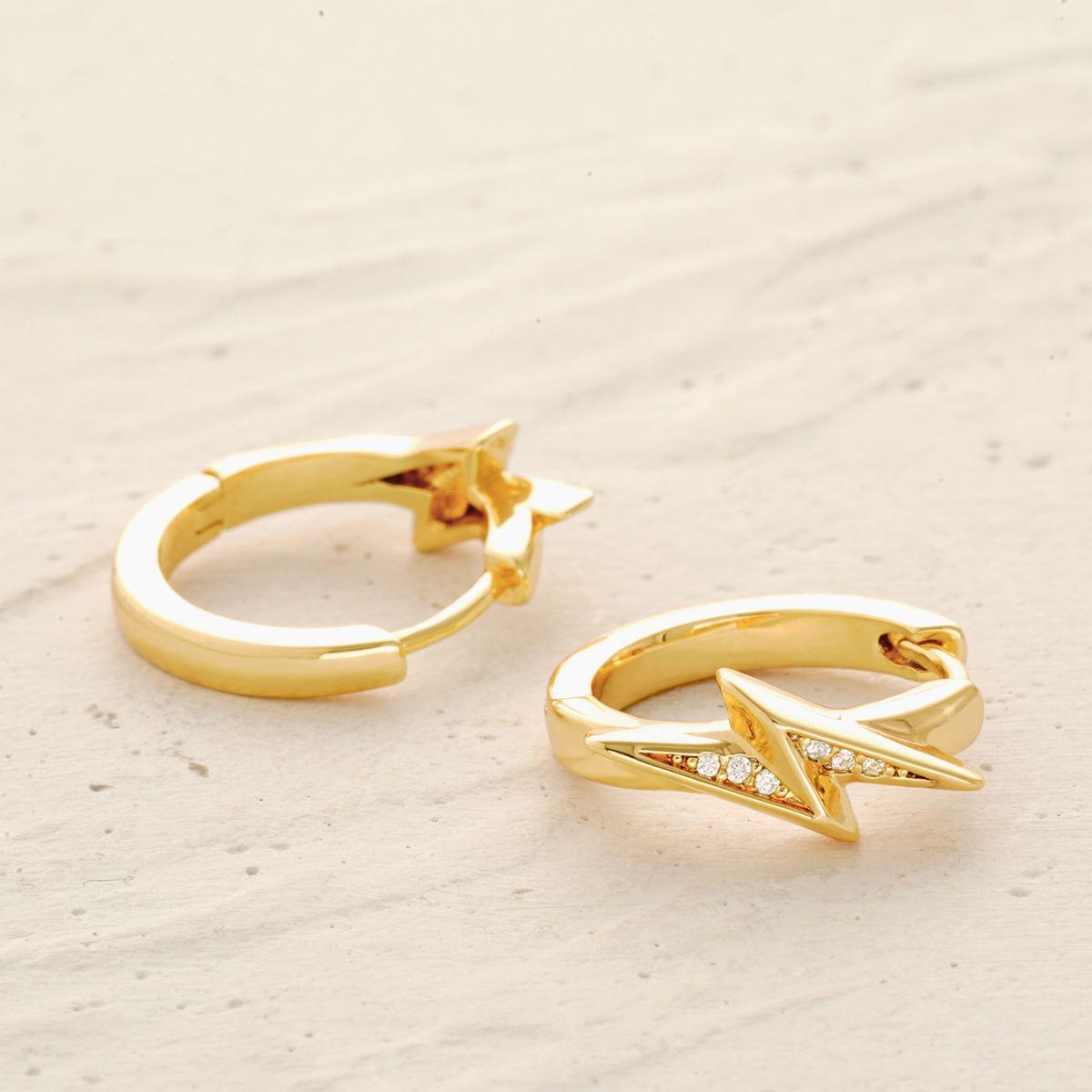 Detailed view of MYEARS® Lightning Bolt Hoop Earrings highlighting the fine gold finish and distinctive lightning bolt hoop design