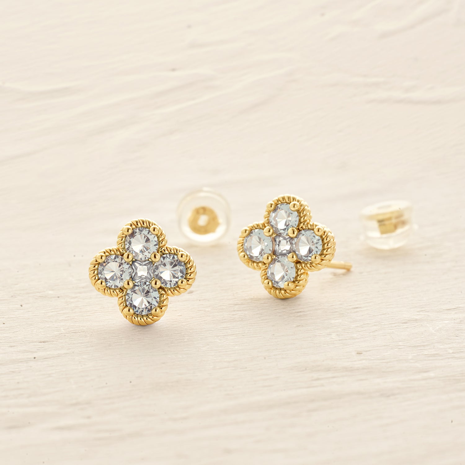 Close-up of MYEARS March Flower Birthstone Stud Earrings in gold showing elegant design, women’s lucky charm for everyday wear