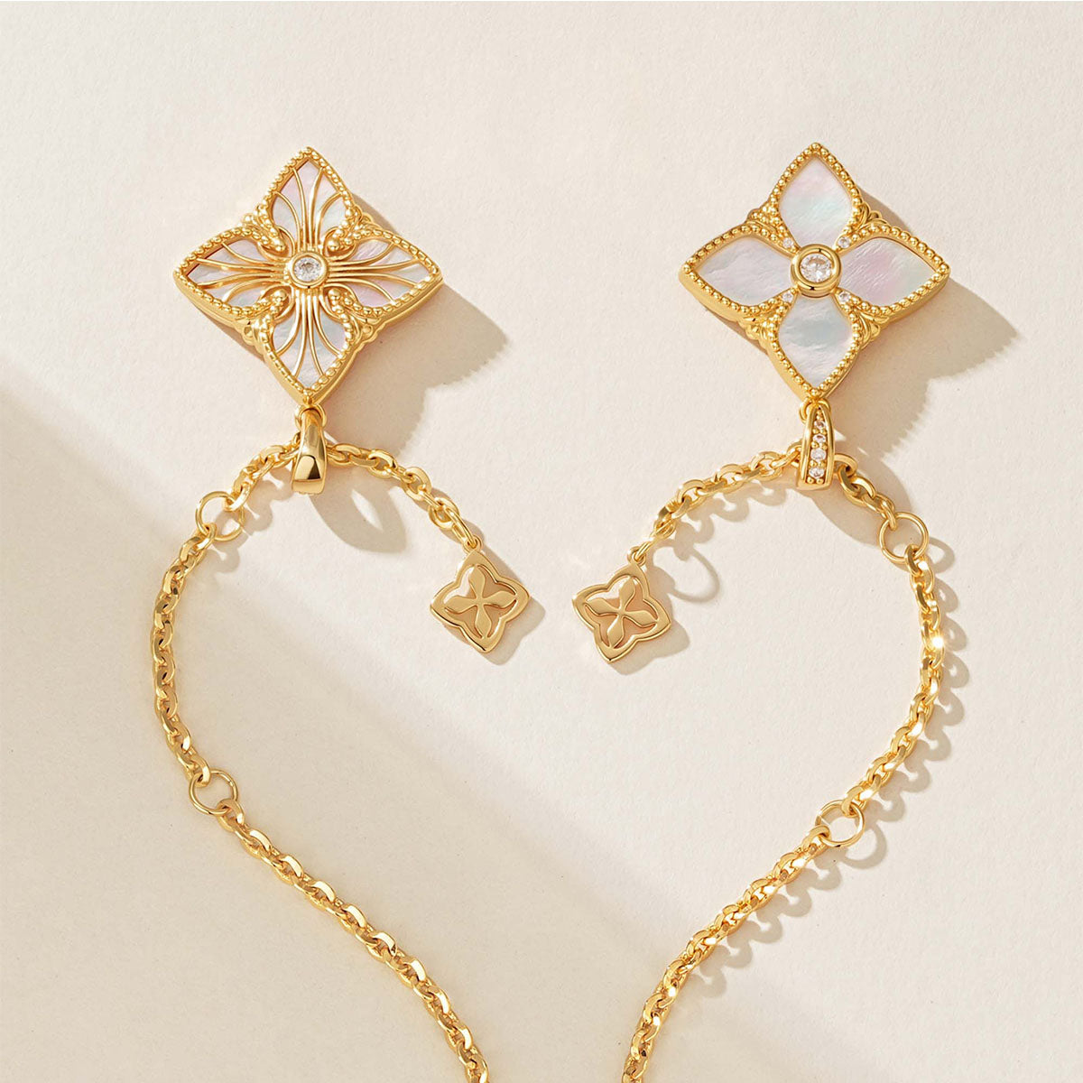 Close-up of MYEARS Mother of Pearl 4 Leaf Clover Necklace in gold showing refined craftsmanship, women’s lucky charm for everyday wear