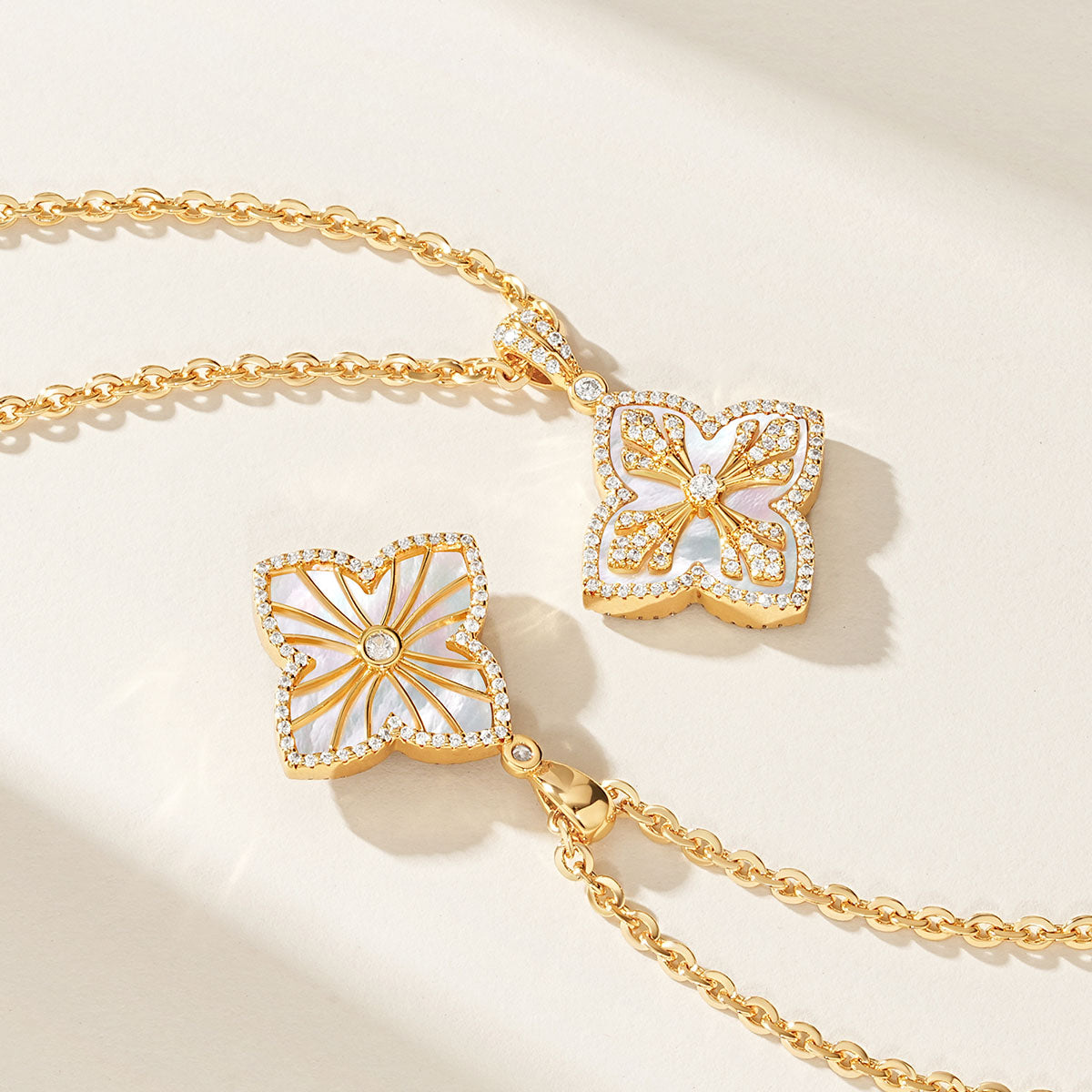 Close-up of MYEARS Mother of Pearl Four Leaf Clover Pendant Necklace in gold showing elegant design, women’s lucky charm for everyday wear