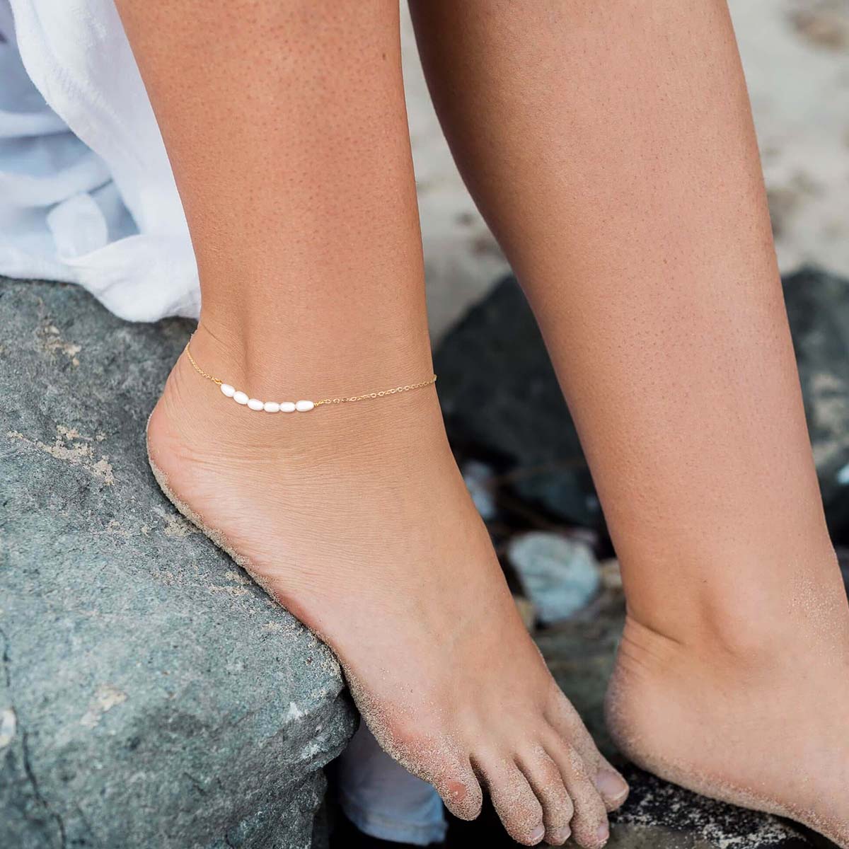 MYEARS® pearl beaded anklet styled for beach and summer wear, gold anklet gift for women