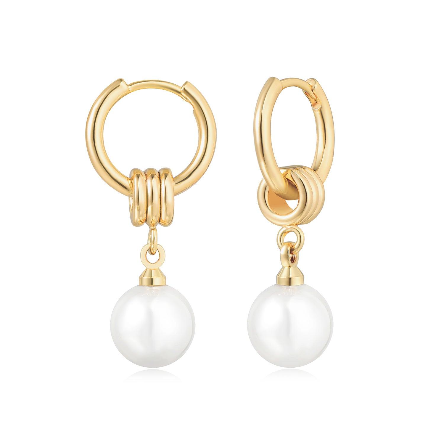 MYEARS® pearl drop huggie hoop earrings for women, minimalist gold huggies with pearl drop, elegant jewelry gift.