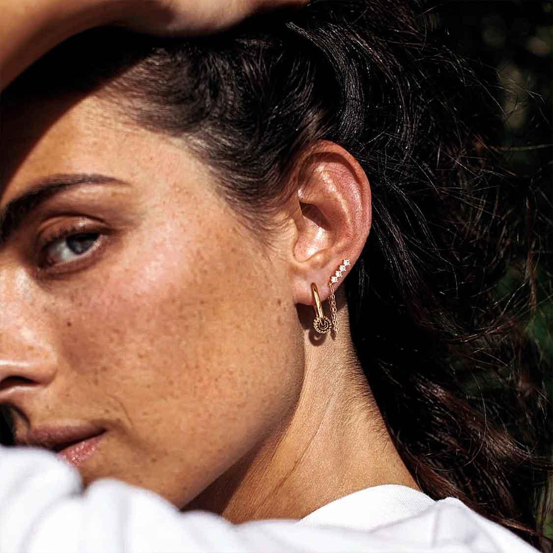 MYEARS Quartet Chain Drop stud earrings styled on model for everyday wear, ideal gold gift for women