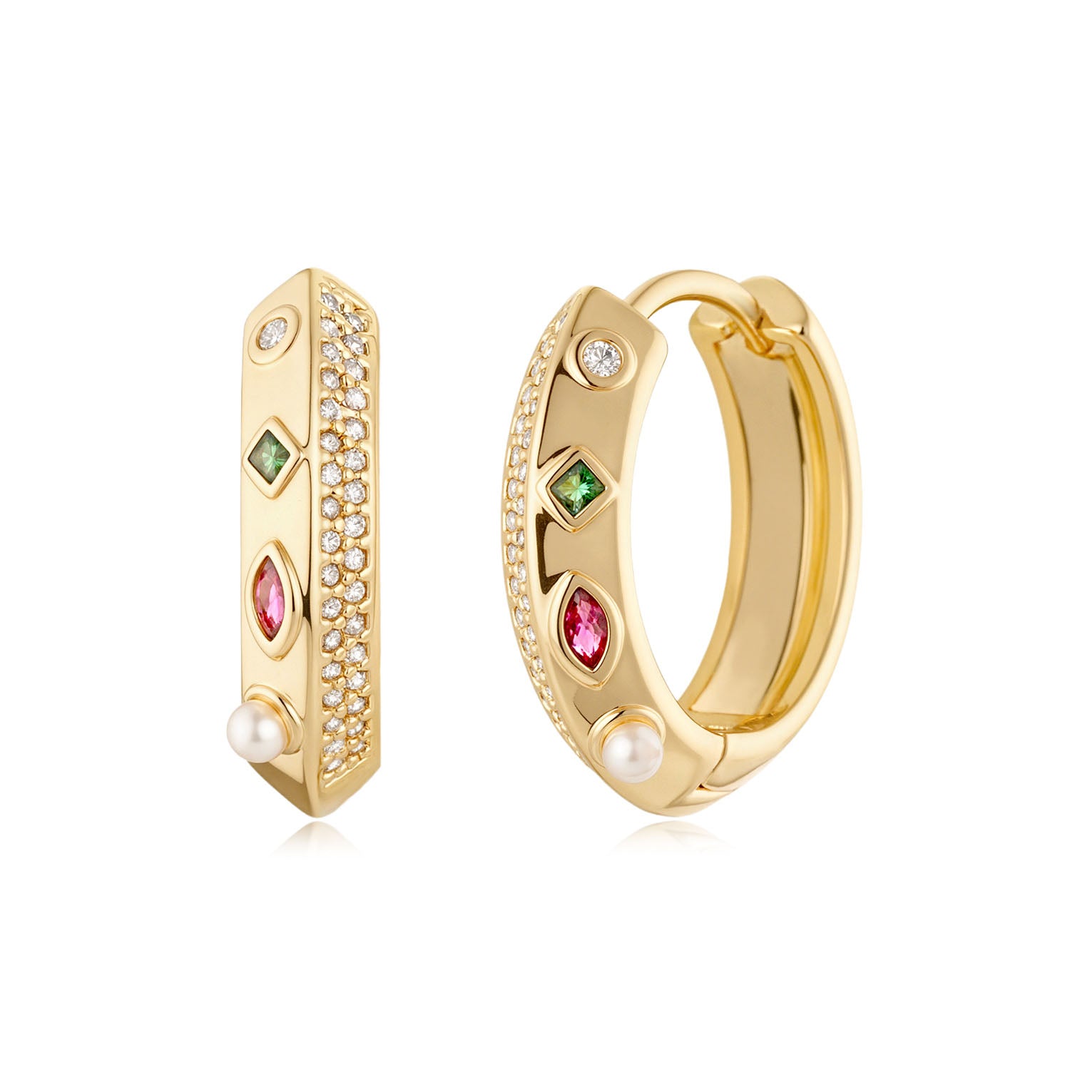MYEARS® rainbow gem hoop earrings for women, colorful gemstone hoop earrings with polished gold finish, modern jewelry gift.