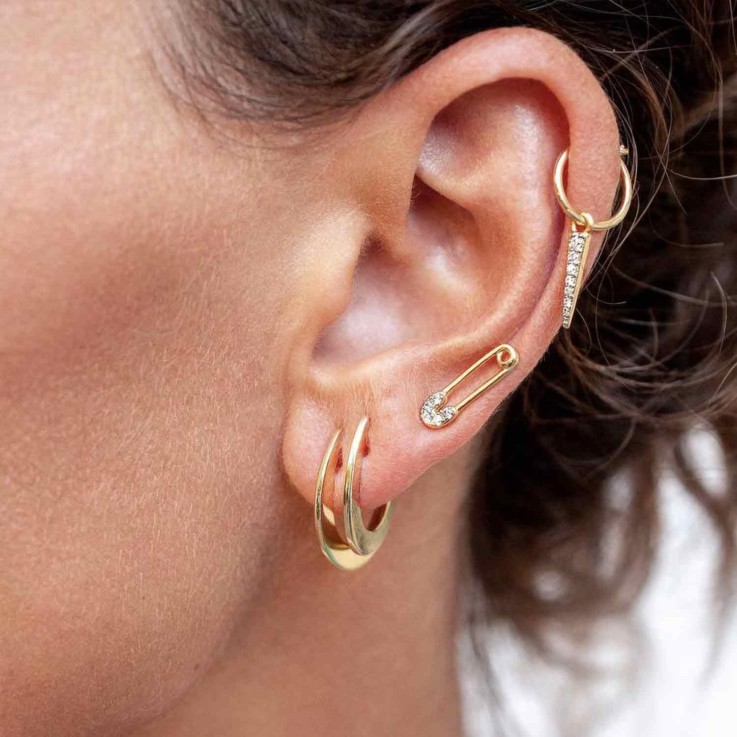 MYEARS Safety Pin Stud Earrings styled on model for everyday wear, elegant gold earrings and gift for women