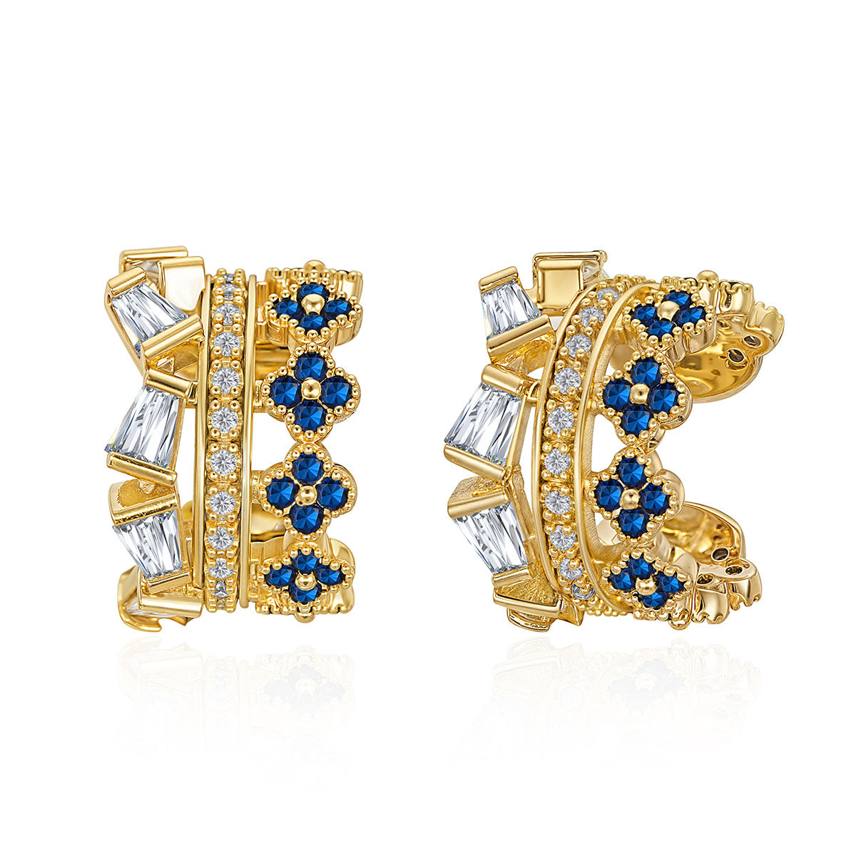 MYEARS® sapphire floral ear cuffs in gold for women, flower-inspired ear cuff with sapphire blue accents for everyday wear or gifting