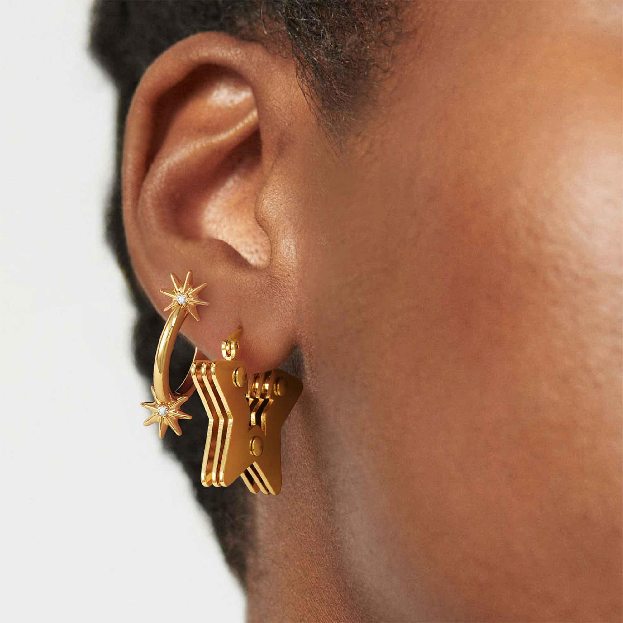 MYEARS Gold Star Hoop Earrings for Women Close-up on Model – Stylish Jewelry for Everyday Wear and Gift