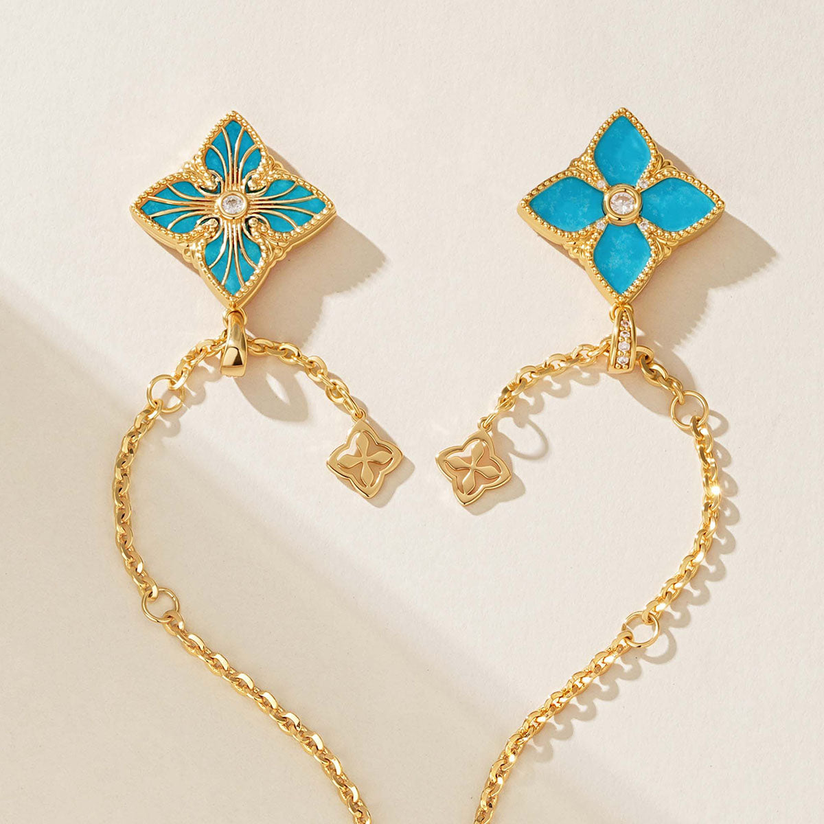 Close-up of MYEARS Turquoise 4 Leaf Clover Necklace in gold showing refined craftsmanship, women’s lucky charm for everyday wear
